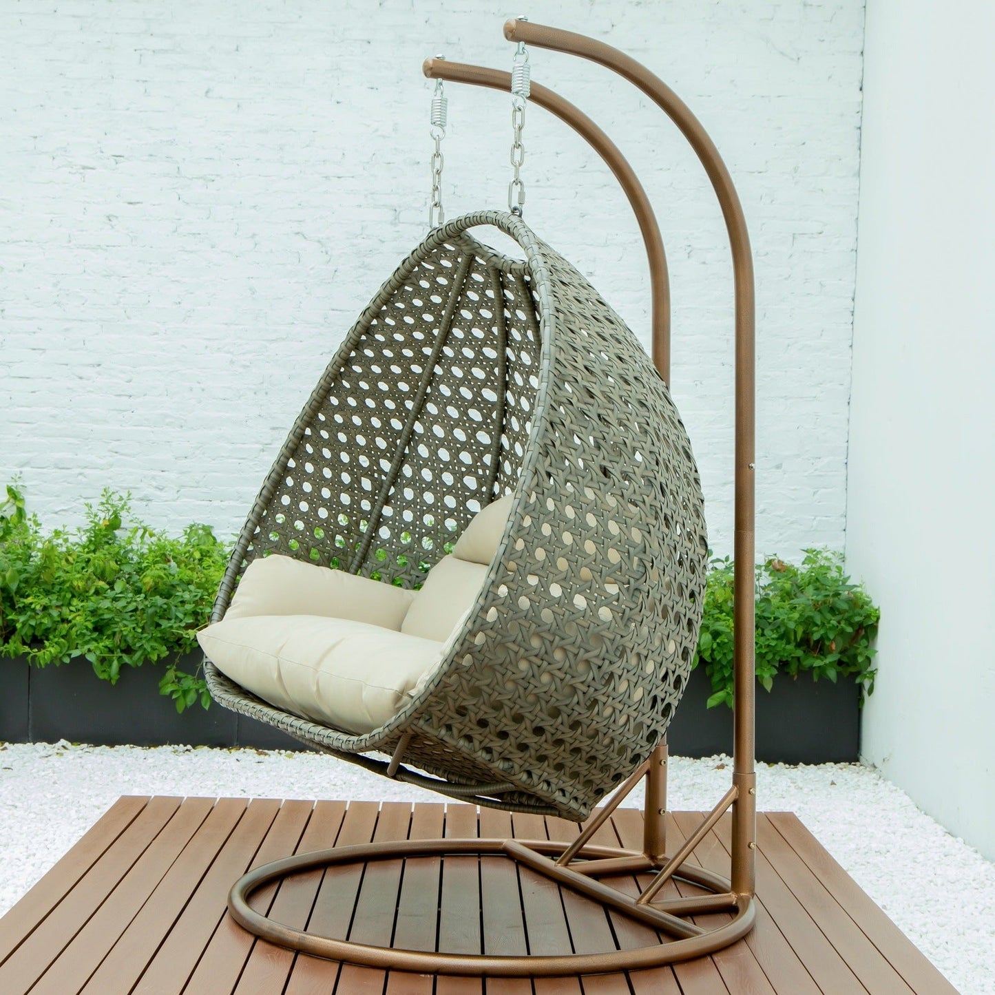 Modern Beige Wicker Hanging Double Seater Egg Swing Chair