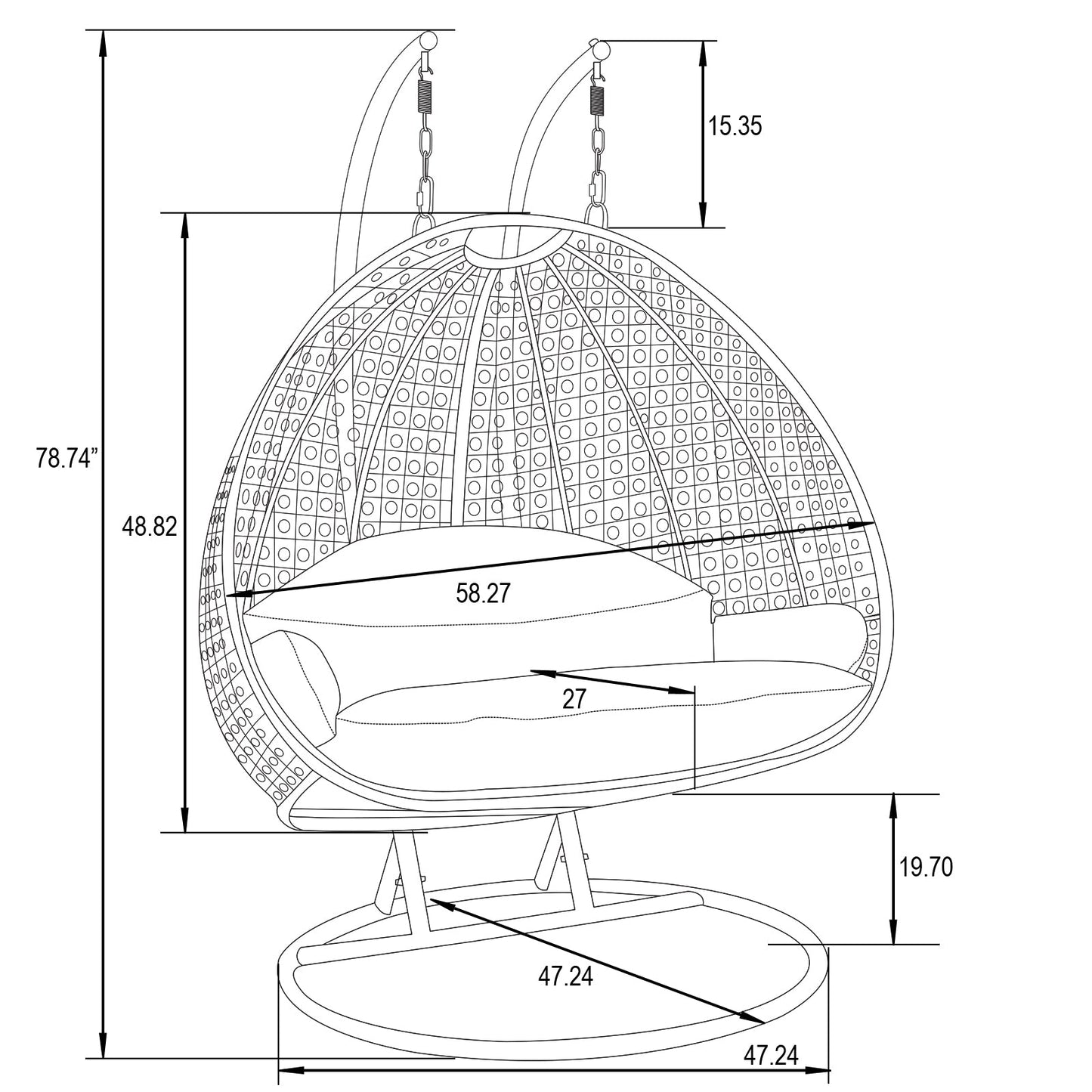 Modern Charcoal Wicker Hanging Double Seater Egg Swing Chair