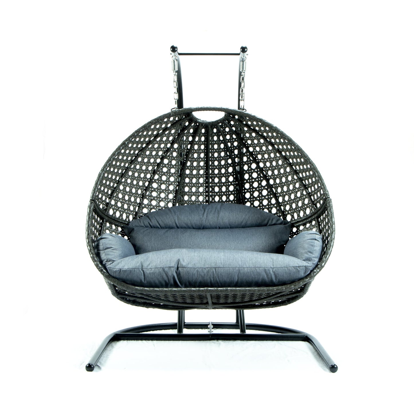Wicker Hanging Double Egg Charcoal Swing Chair with an Iron Base