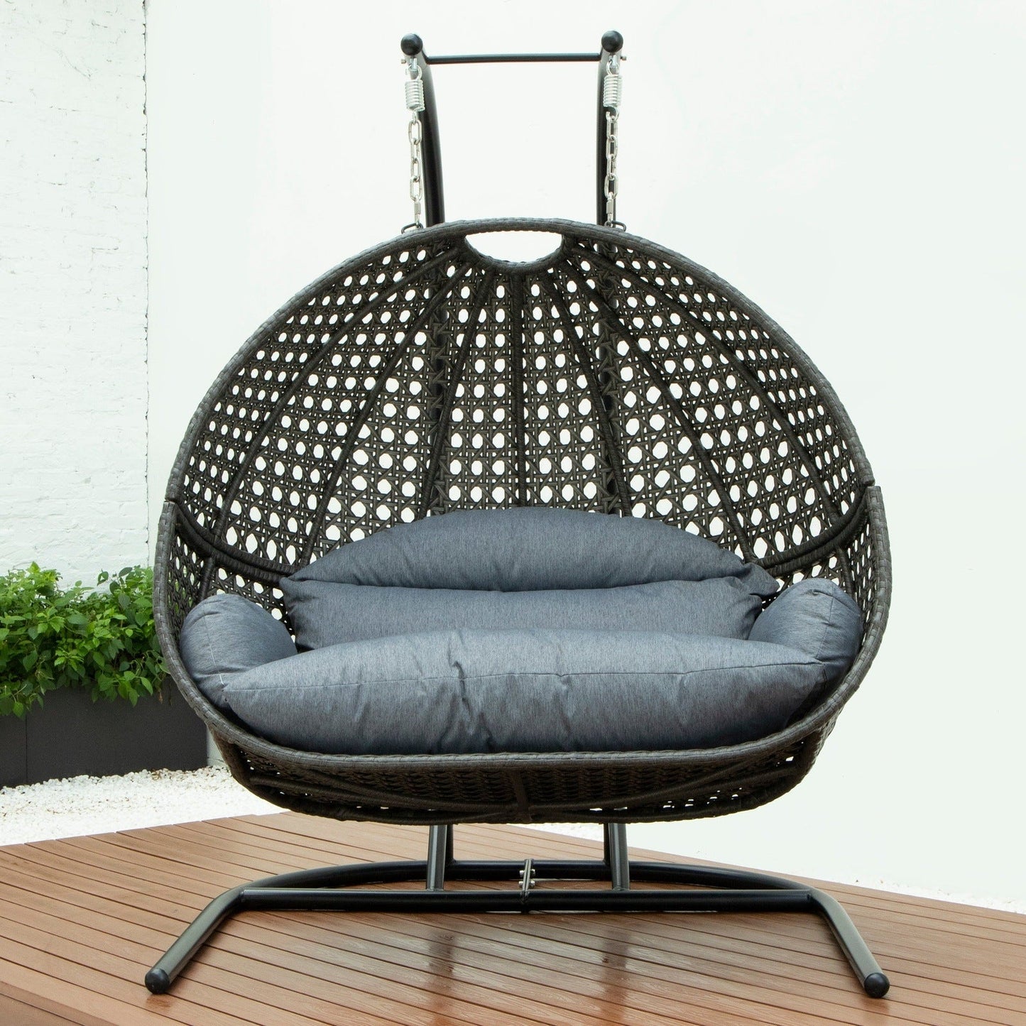 Wicker Hanging Double Egg Charcoal Swing Chair with an Iron Base