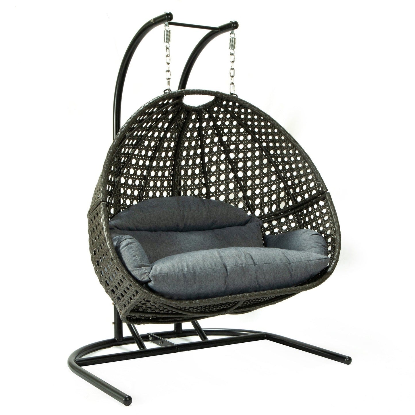 Wicker Hanging Double Egg Charcoal Swing Chair with an Iron Base