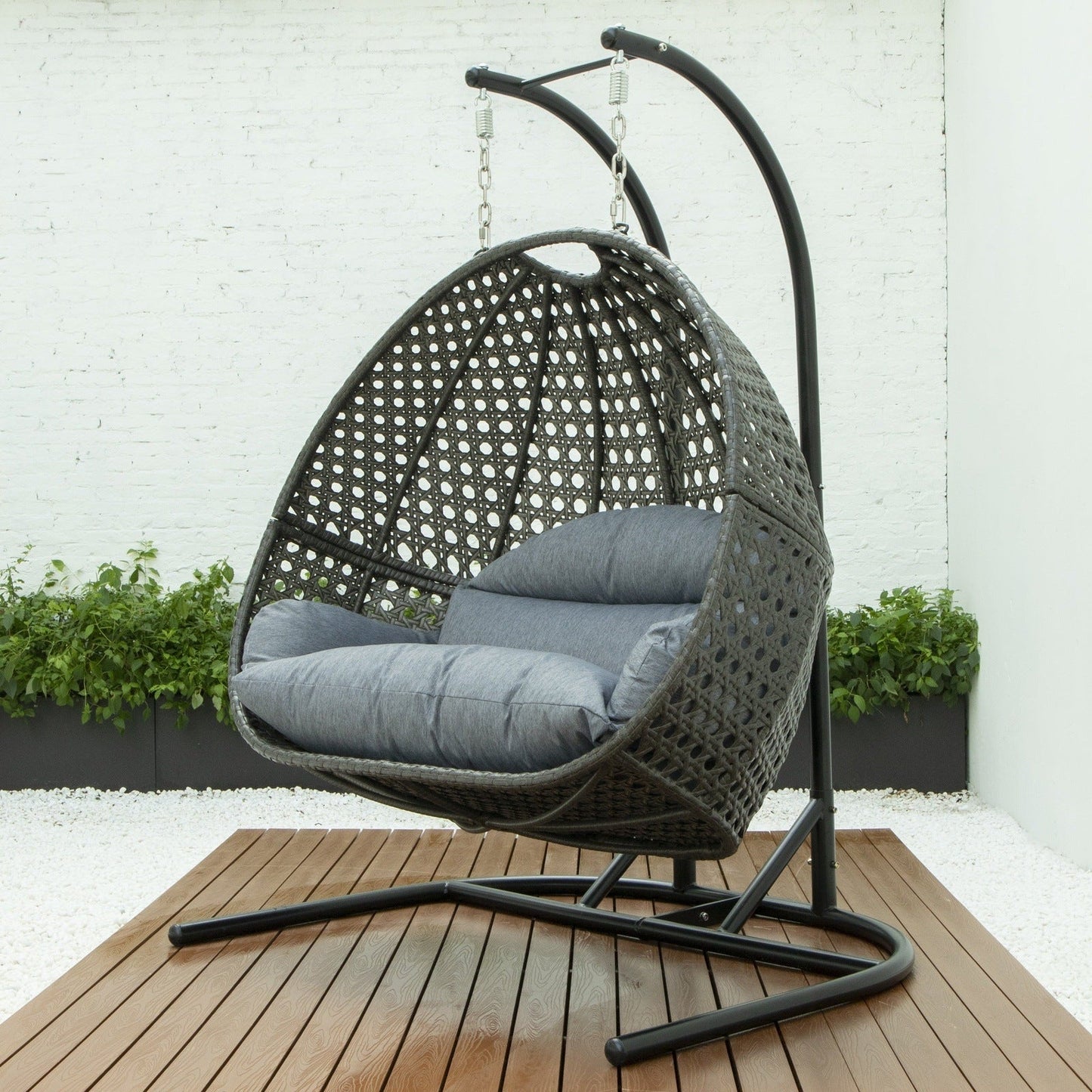 Wicker Hanging Double Egg Charcoal Swing Chair with an Iron Base
