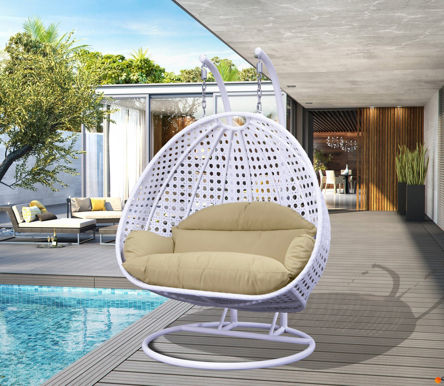 Modern White Wicker Hanging Double Seater Egg Swing Chair