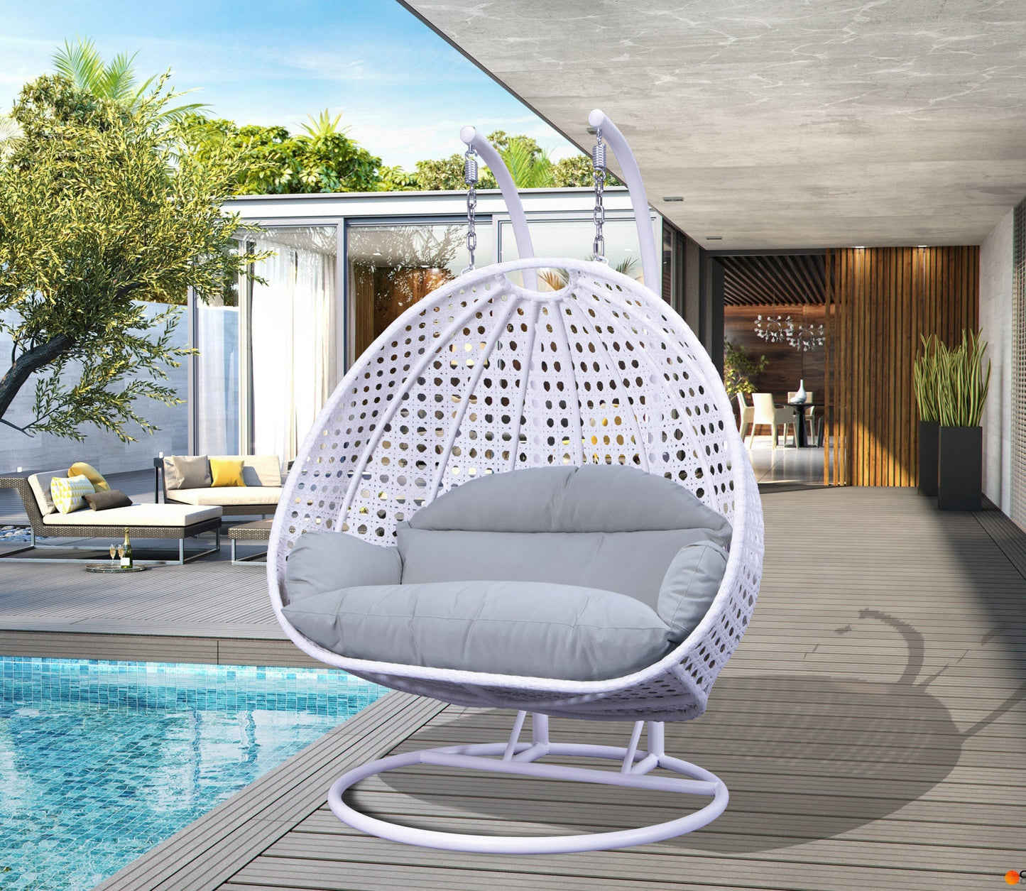 Modern White Wicker Hanging Double Seater Egg Swing Chair