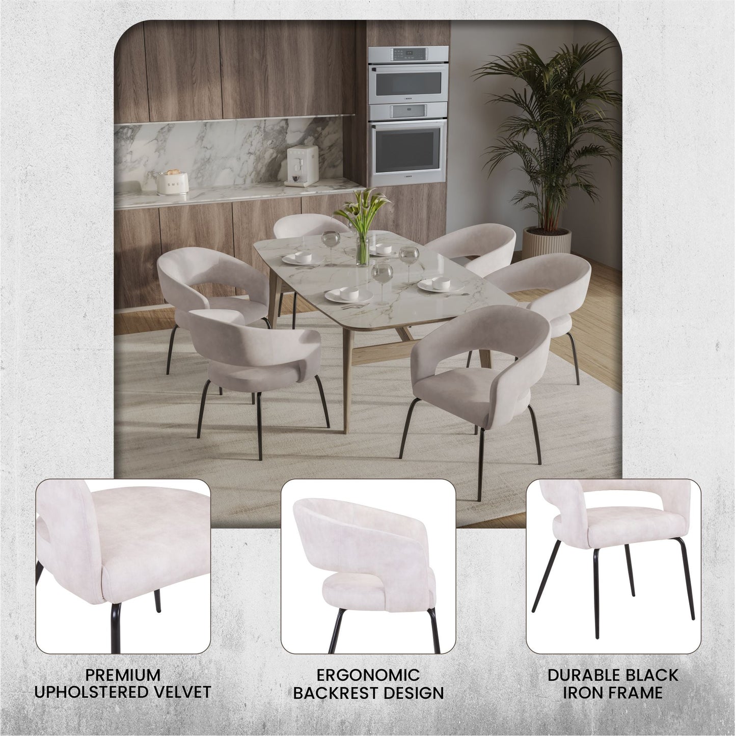 Gavin Dining Chair Upholstered in Leather/Velvet with Open Curved Backrest in Black Iron Set of 4