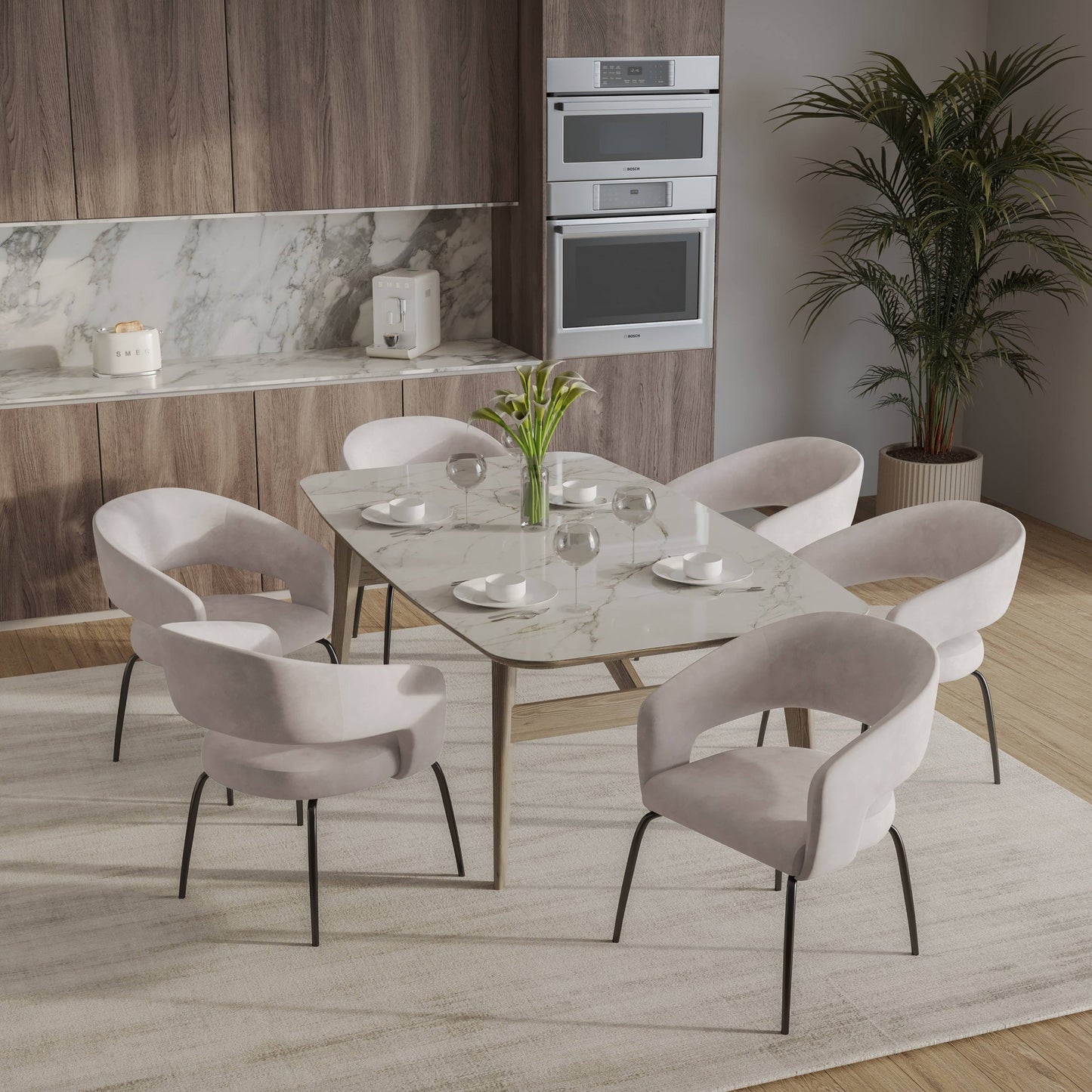 Gavin Dining Chair Upholstered in Leather/Velvet with Open Curved Backrest in Black Iron Set of 4