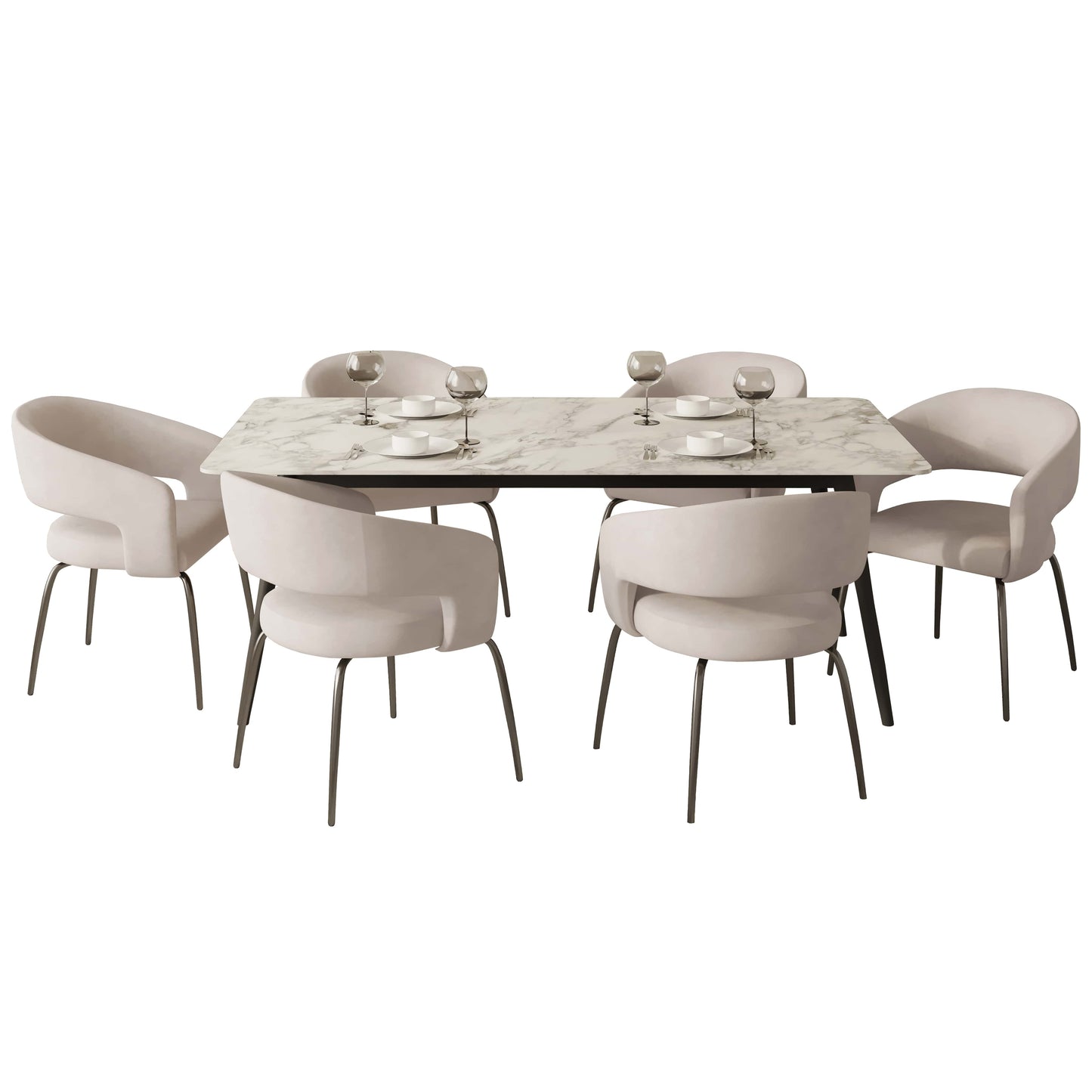 Zayle 7-Piece Dining Set with Rectangular Sintered Stone Dining Table and 6 Velvet Dining Chairs with Iron Base