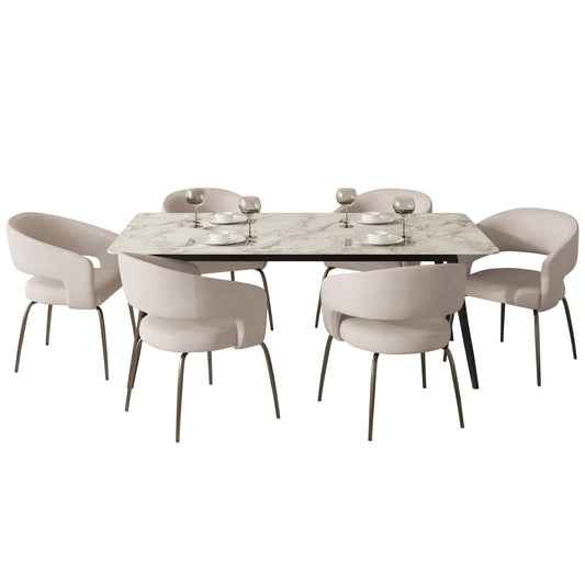 Zayle 7-Piece Dining Set with Rectangular Sintered Stone Dining Table and 6 Velvet Dining Chairs with Iron Base