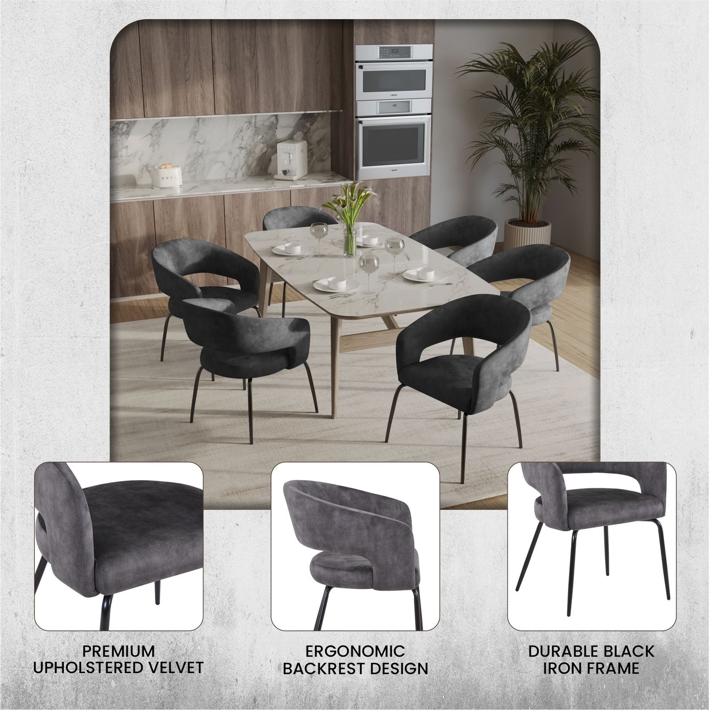 Gavin Dining Chair Upholstered in Leather/Velvet with Open Curved Backrest in Black Iron Set of 4