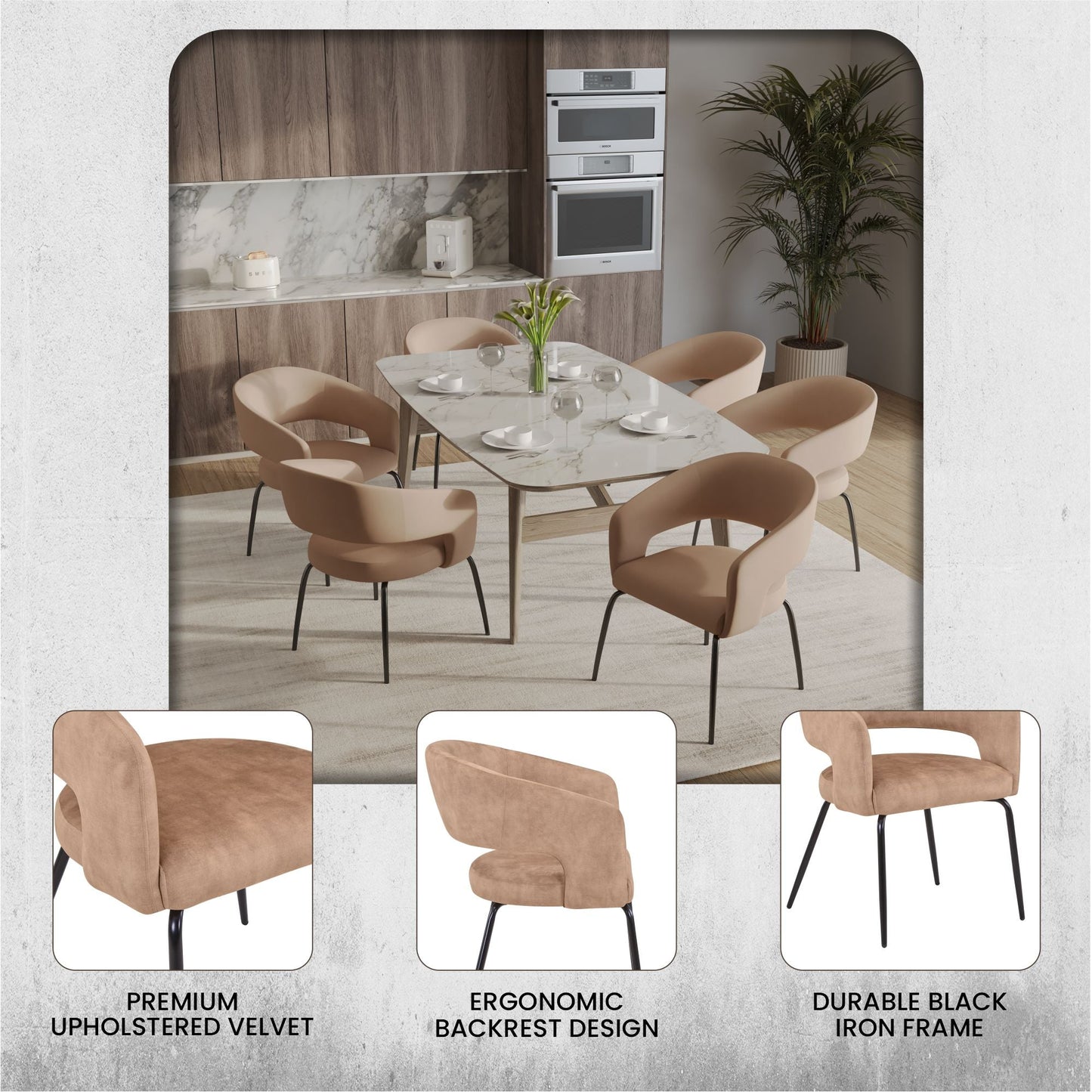 Gavin Dining Chair Upholstered in Leather/Velvet with Open Curved Backrest in Black Iron Set of 4