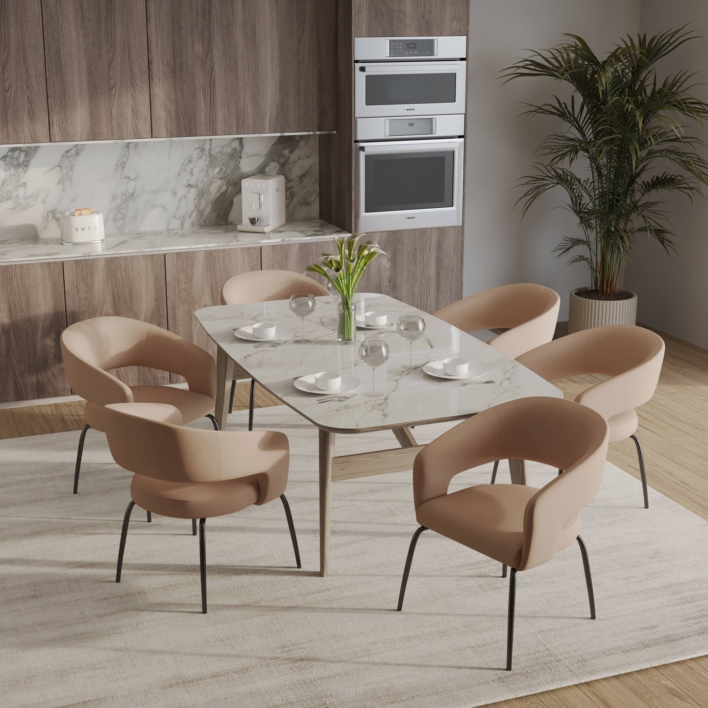 Gavin Dining Chair Upholstered in Leather/Velvet with Open Curved Backrest in Black Iron Set of 4