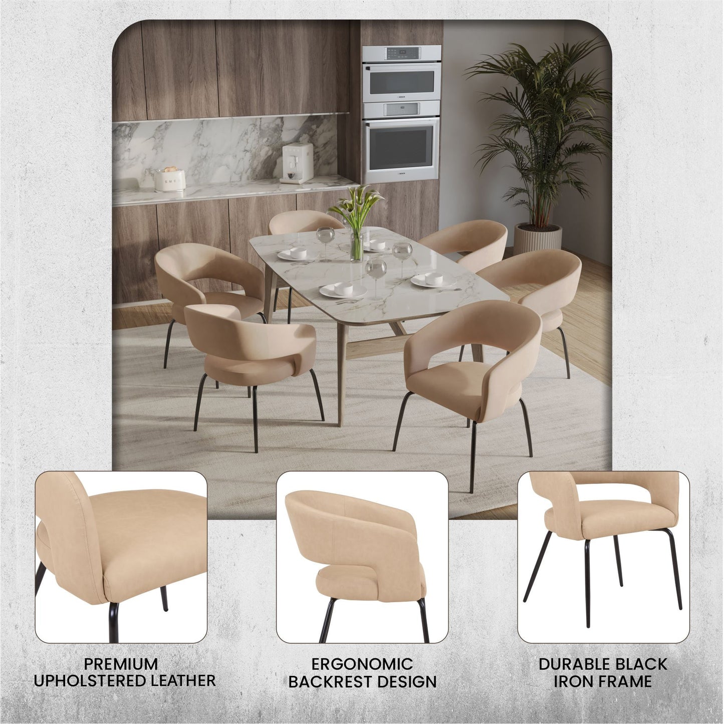 Gavin Dining Chair Upholstered in Leather/Velvet with Open Curved Backrest in Black Iron Set of 4