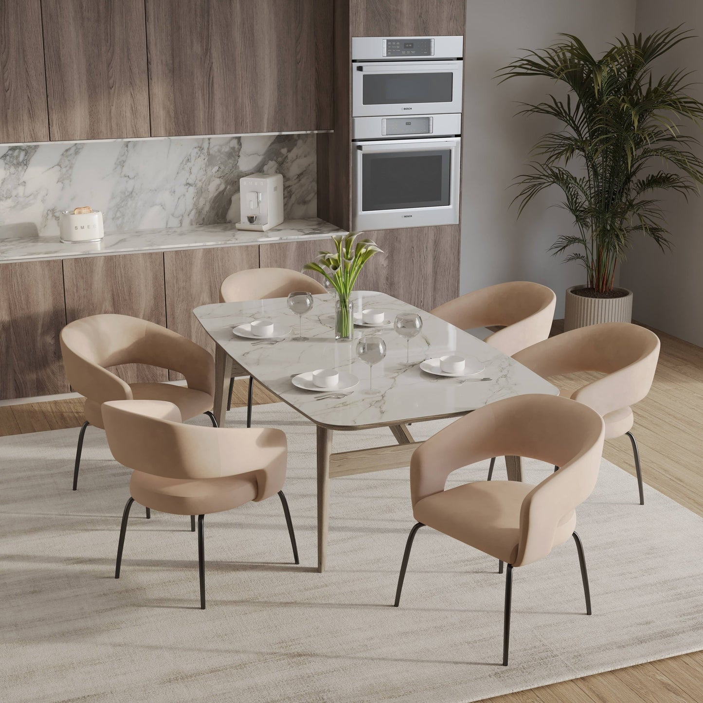 Gavin Dining Chair Upholstered in Leather/Velvet with Open Curved Backrest in Black Iron Set of 4