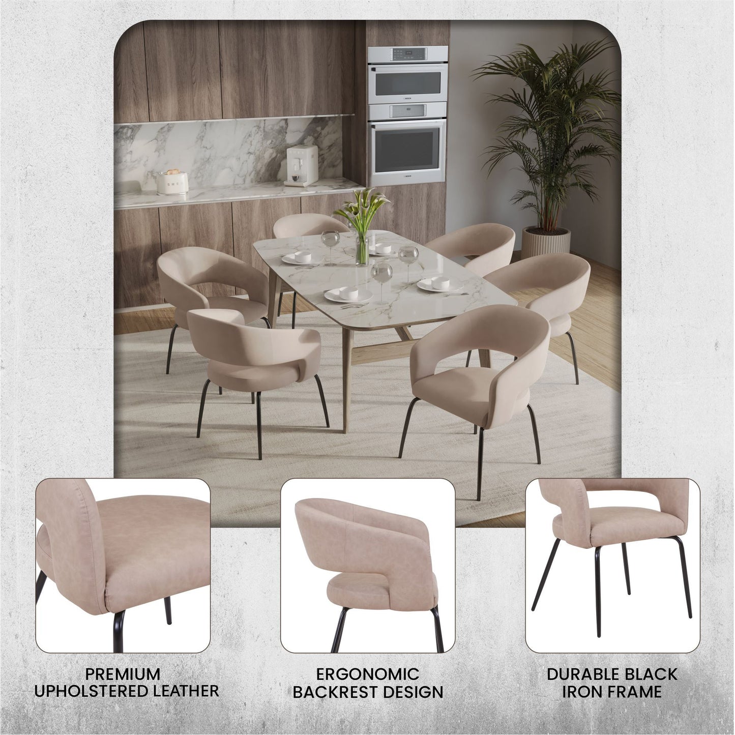 Gavin Dining Chair Upholstered in Leather/Velvet with Open Curved Backrest in Black Iron Set of 4