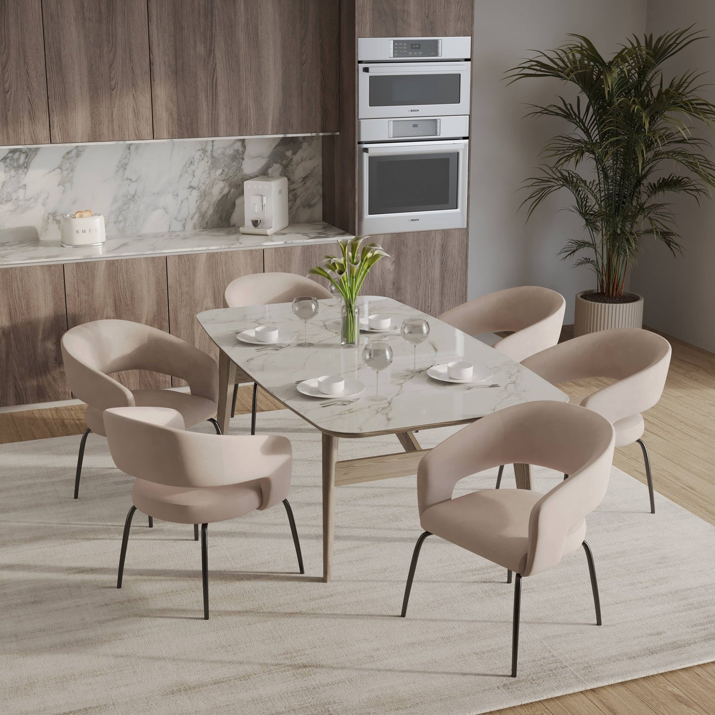 Gavin Dining Chair Upholstered in Leather/Velvet with Open Curved Backrest in Black Iron Set of 4