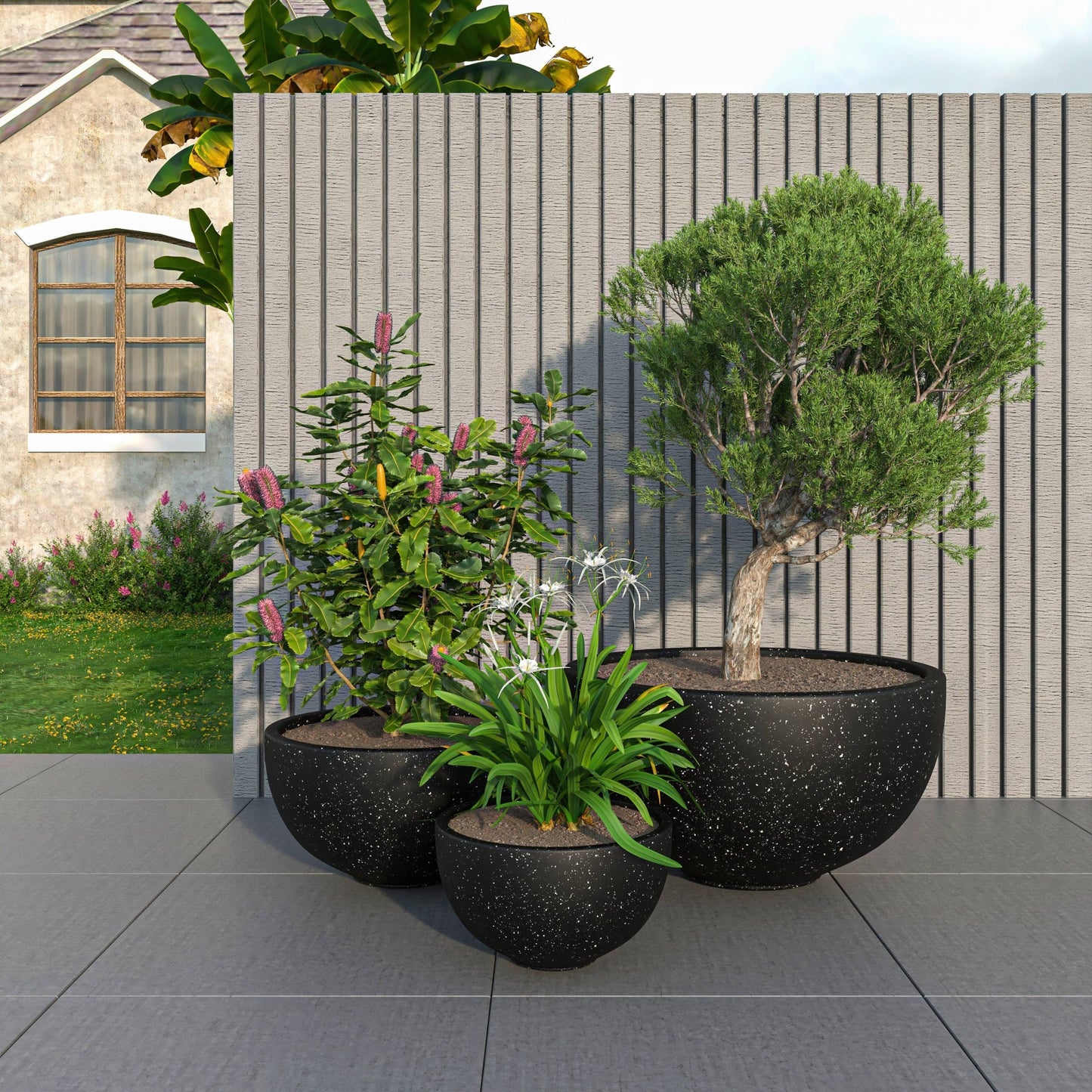 Iris Modern 3-Piece Round Planter Pot  Set in Fiberstone and Clay Weather Resistant Design