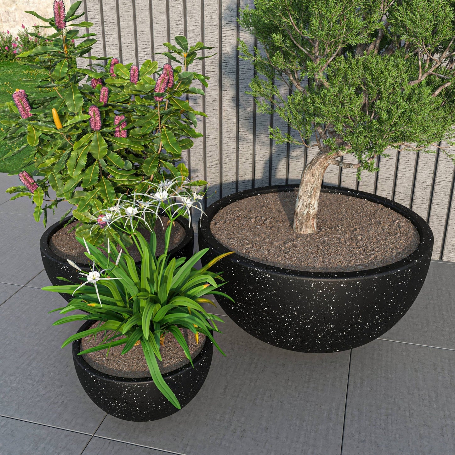 Iris Modern 3-Piece Round Planter Pot  Set in Fiberstone and Clay Weather Resistant Design