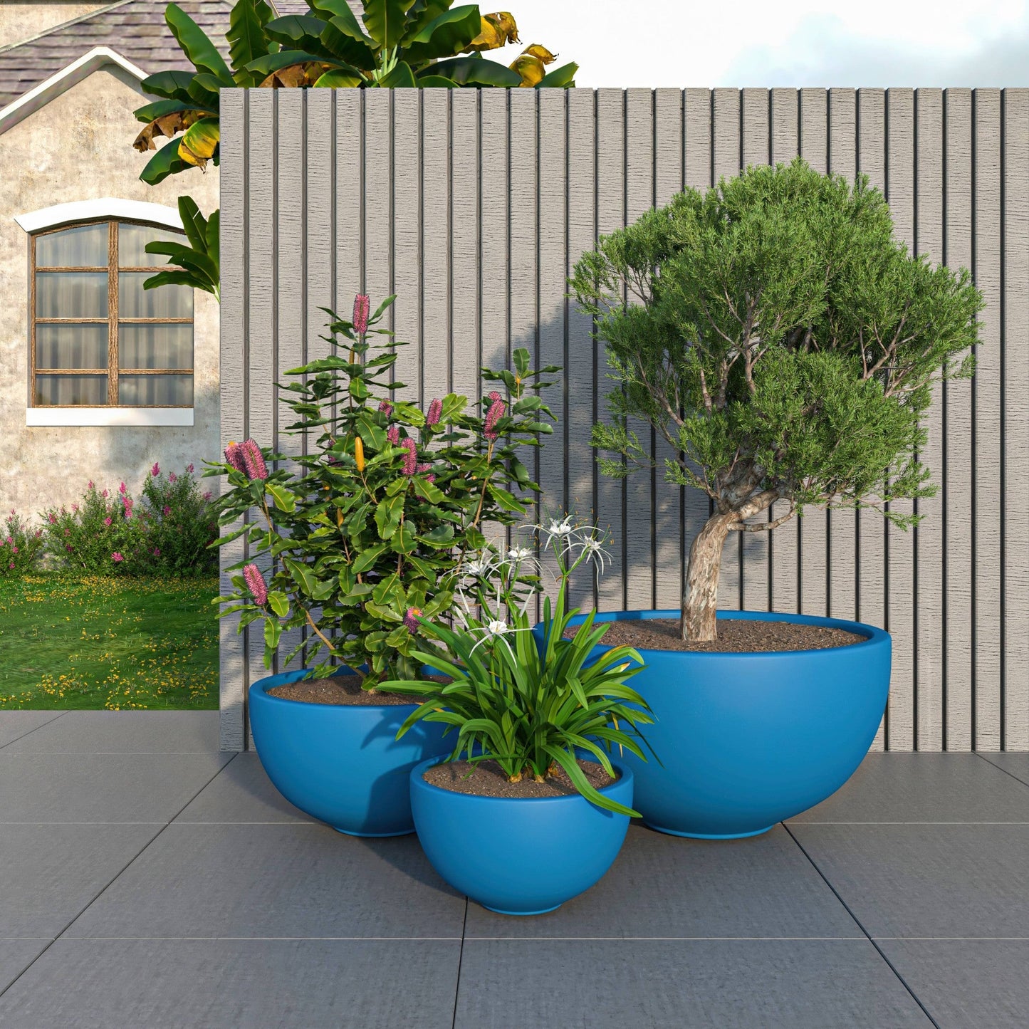 Iris Modern 3-Piece Round Planter Pot  Set in Fiberstone and Clay Weather Resistant Design