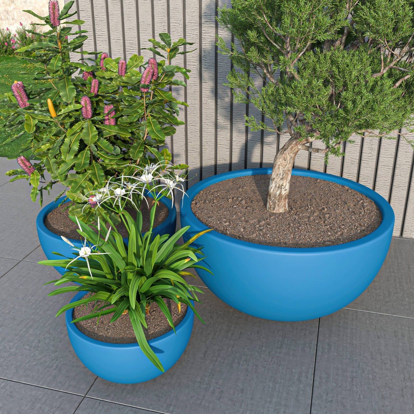 Iris Modern 3-Piece Round Planter Pot  Set in Fiberstone and Clay Weather Resistant Design
