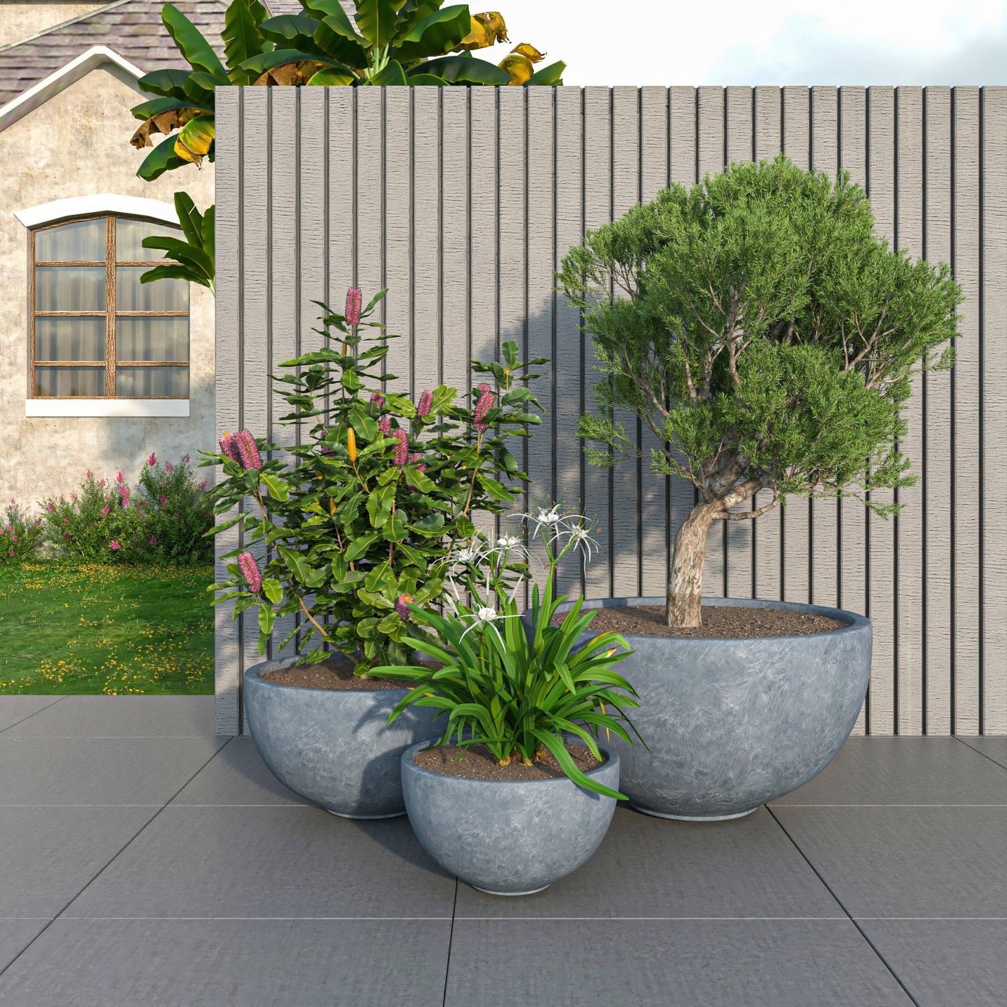 Iris Modern 3-Piece Round Planter Pot  Set in Fiberstone and Clay Weather Resistant Design