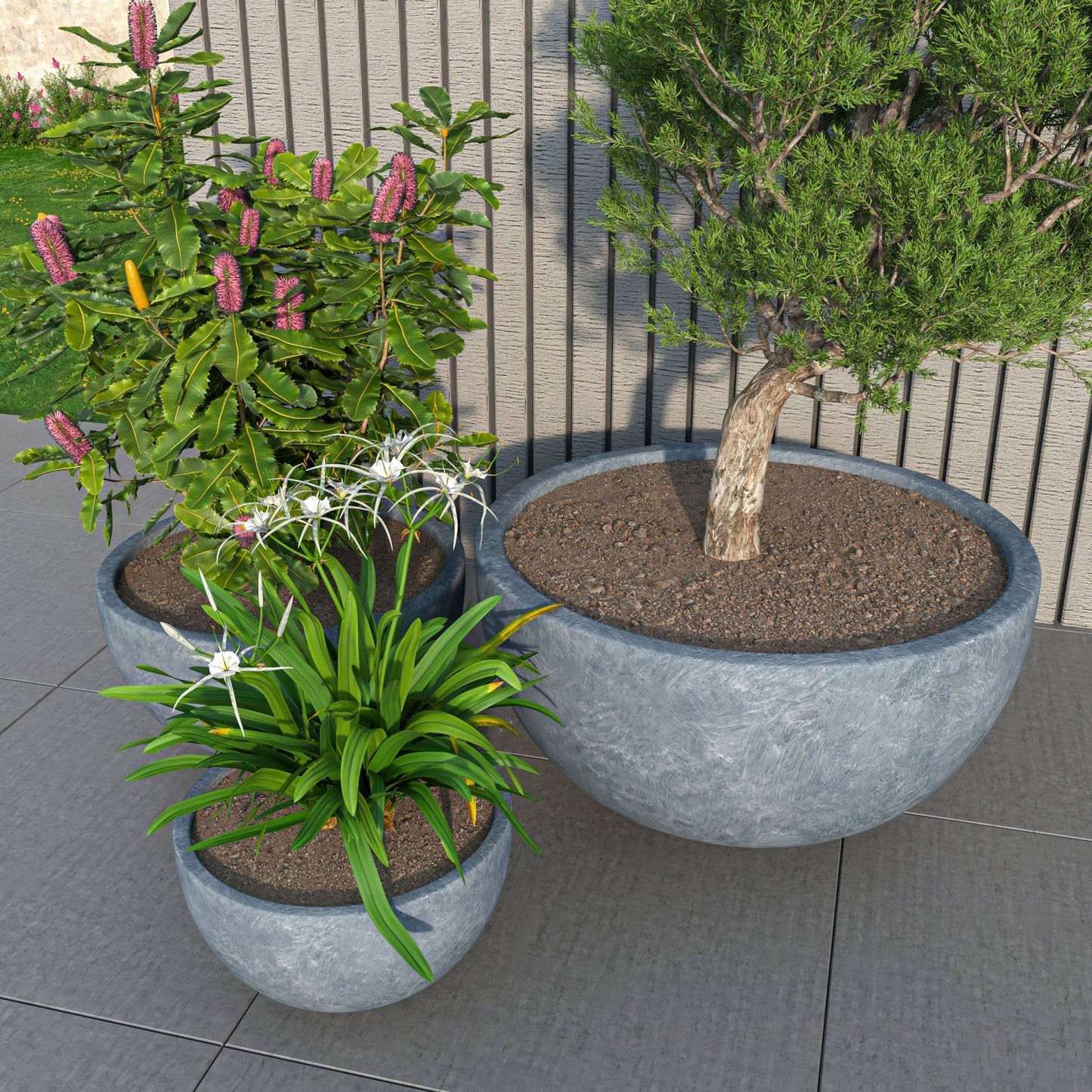 Iris Modern 3-Piece Round Planter Pot  Set in Fiberstone and Clay Weather Resistant Design