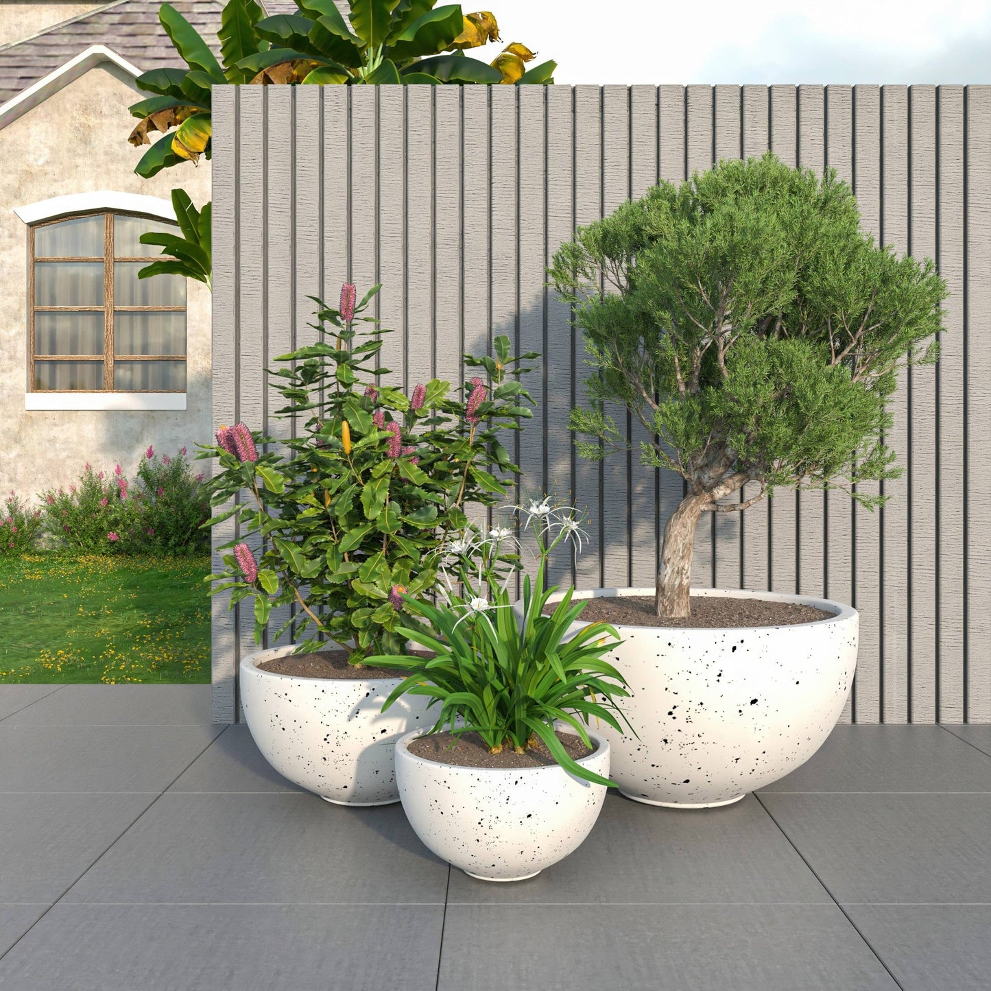 Iris Modern 3-Piece Round Planter Pot  Set in Fiberstone and Clay Weather Resistant Design