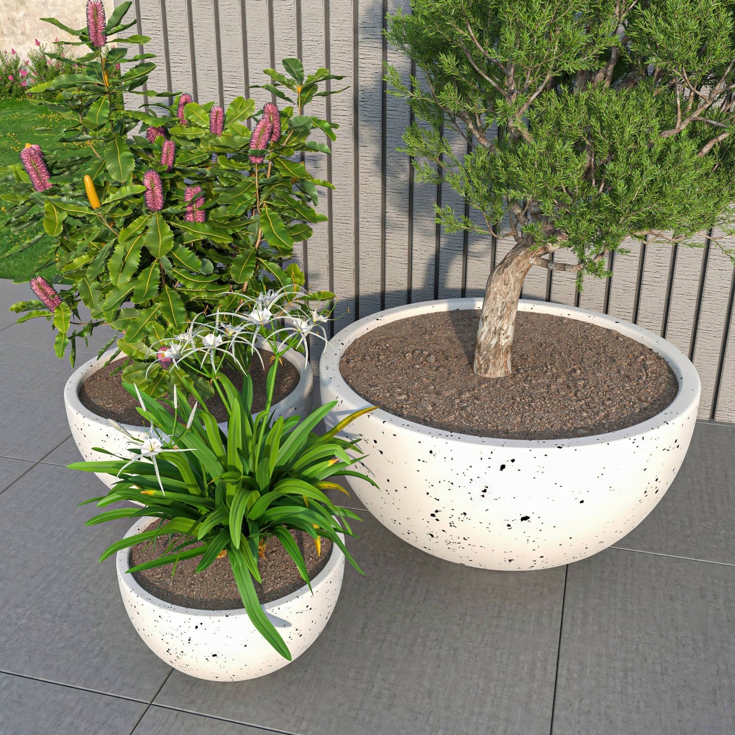 Iris Modern 3-Piece Round Planter Pot  Set in Fiberstone and Clay Weather Resistant Design