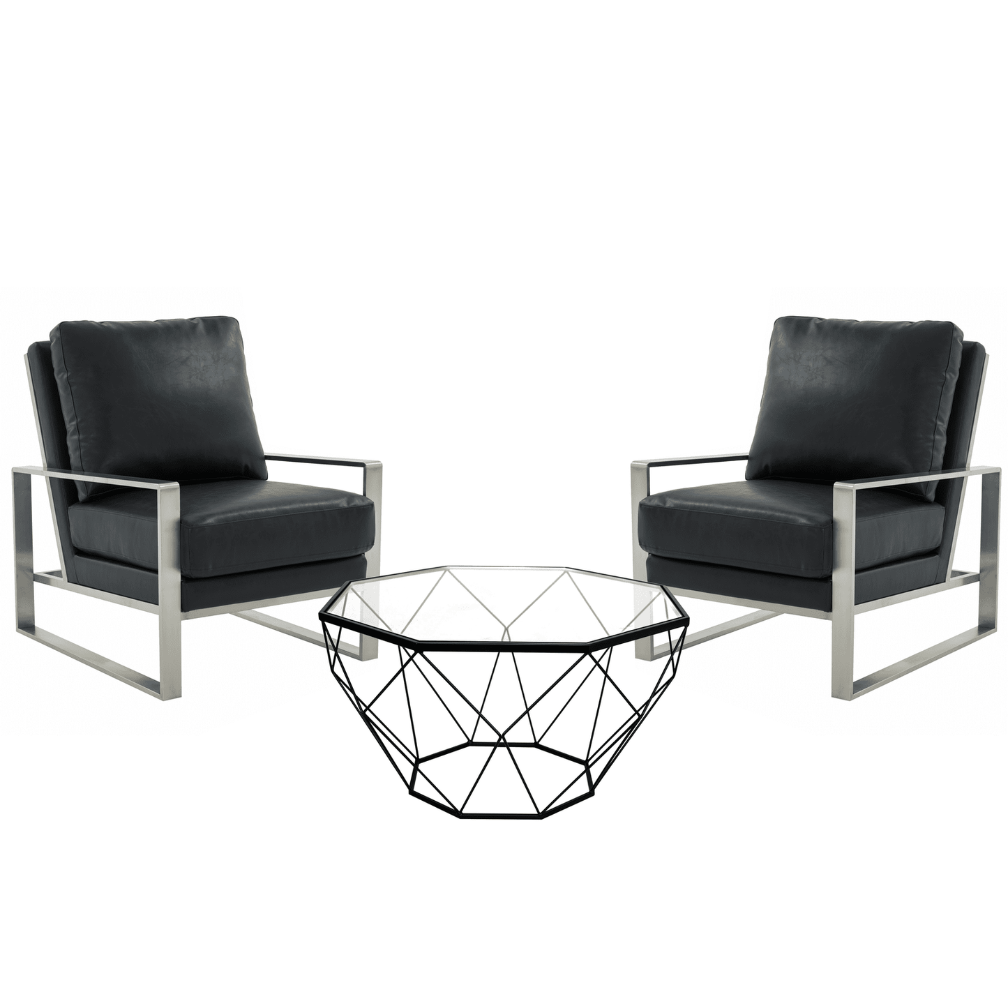 Jefferson 3-Piece Living Room Set with Leather Arm Chairs and Octagonal Coffee Table with Black Base