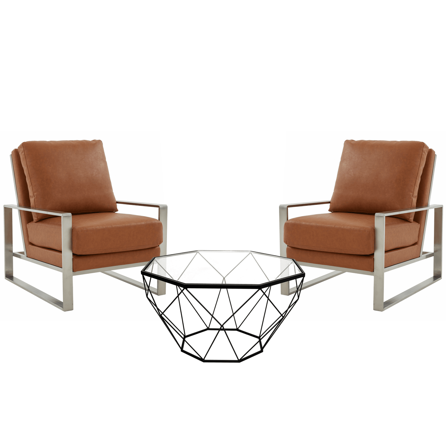 Jefferson 3-Piece Living Room Set with Leather Arm Chairs and Octagonal Coffee Table with Black Base