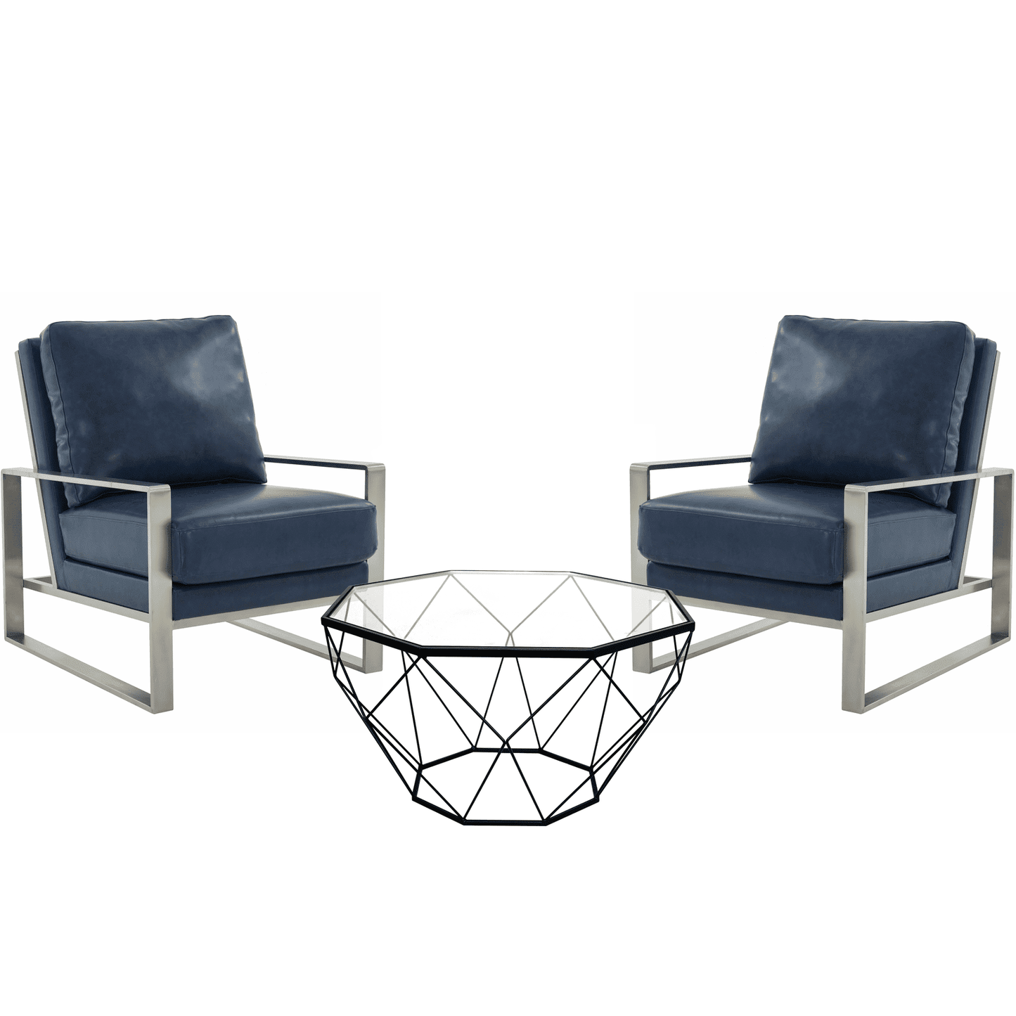 Jefferson 3-Piece Living Room Set with Leather Arm Chairs and Octagonal Coffee Table with Black Base