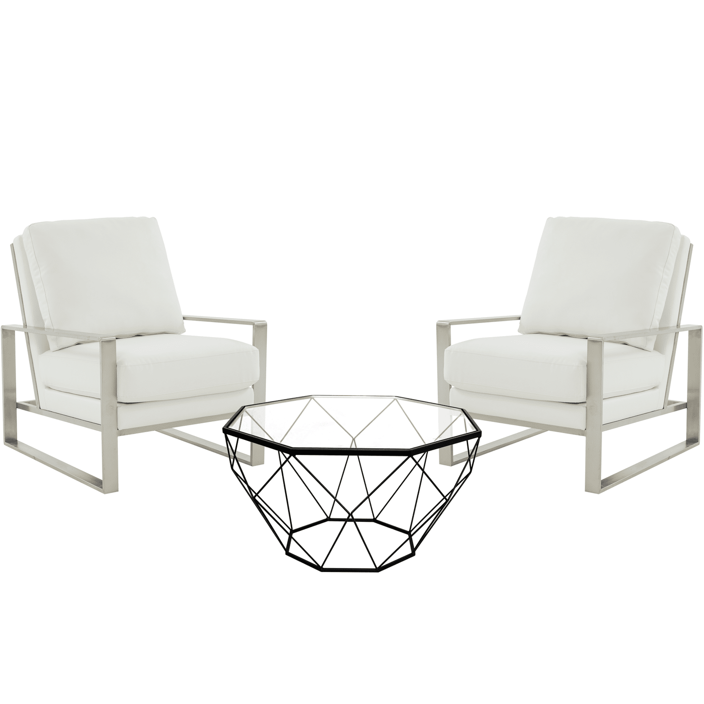 Jefferson 3-Piece Living Room Set with Leather Arm Chairs and Octagonal Coffee Table with Black Base