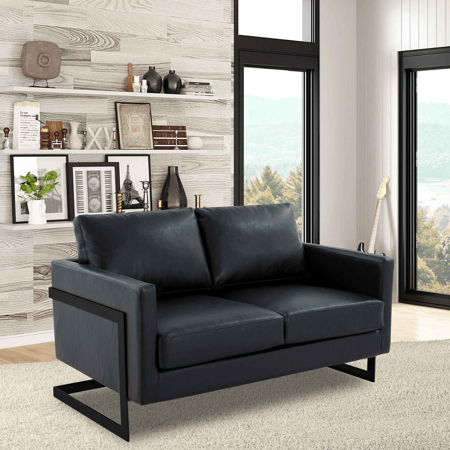 Lincoln Leather Loveseat Sofa with Black Stainless Steel Frame