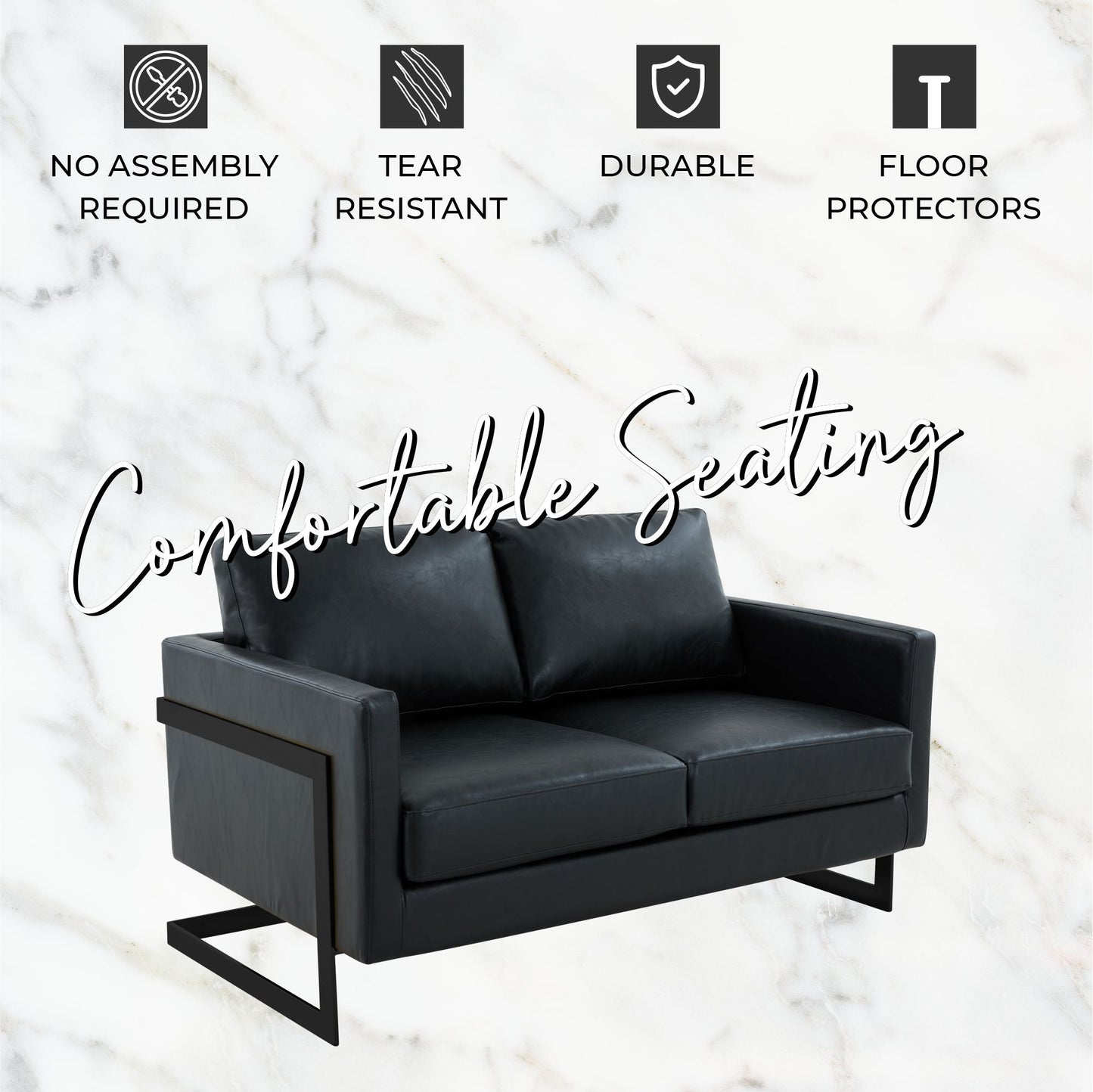 Lincoln Leather Loveseat Sofa with Black Stainless Steel Frame