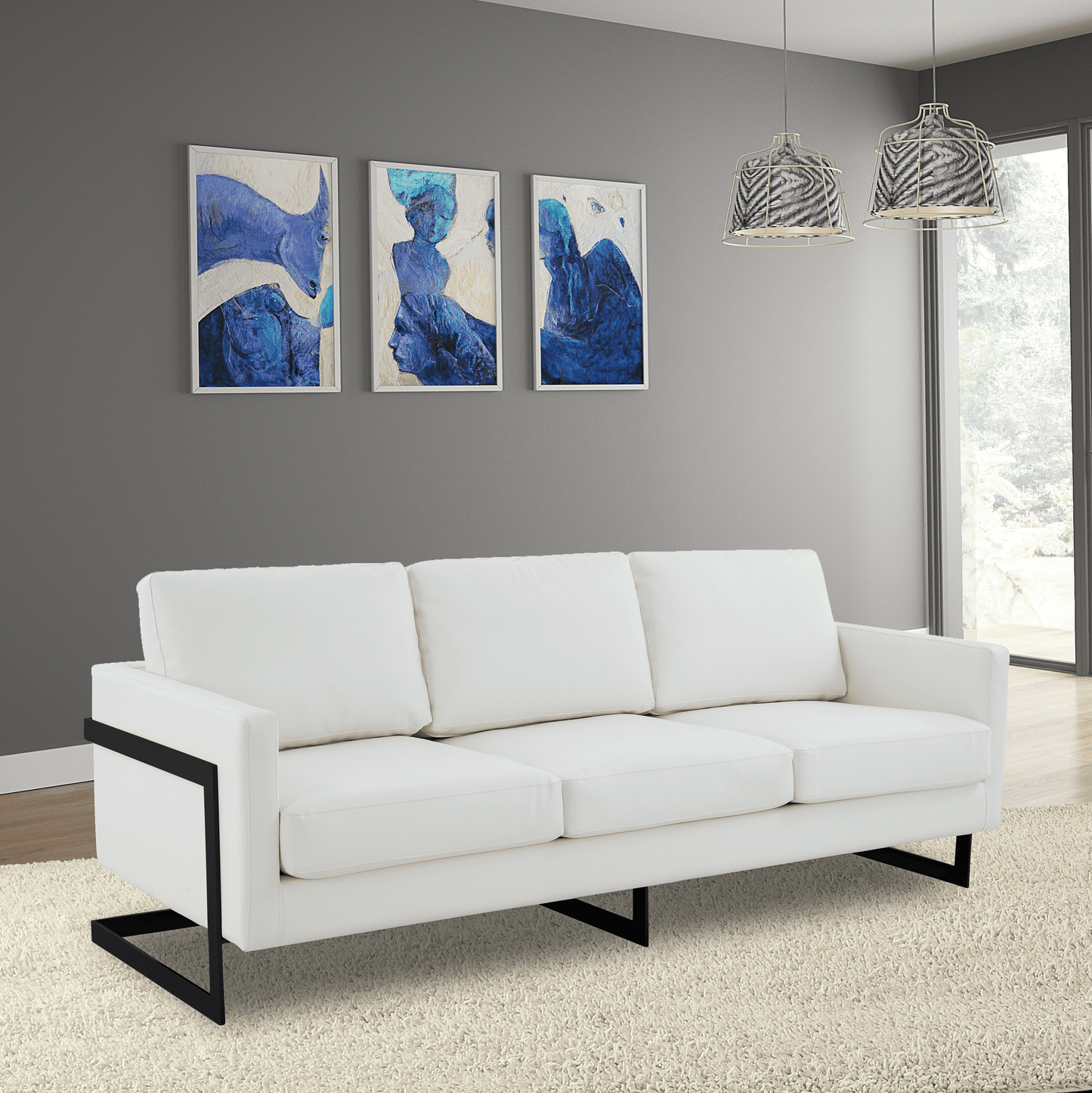 Lincoln 3-Seater Sofa Upholstered in Leather with Black Stainless Steel Frame