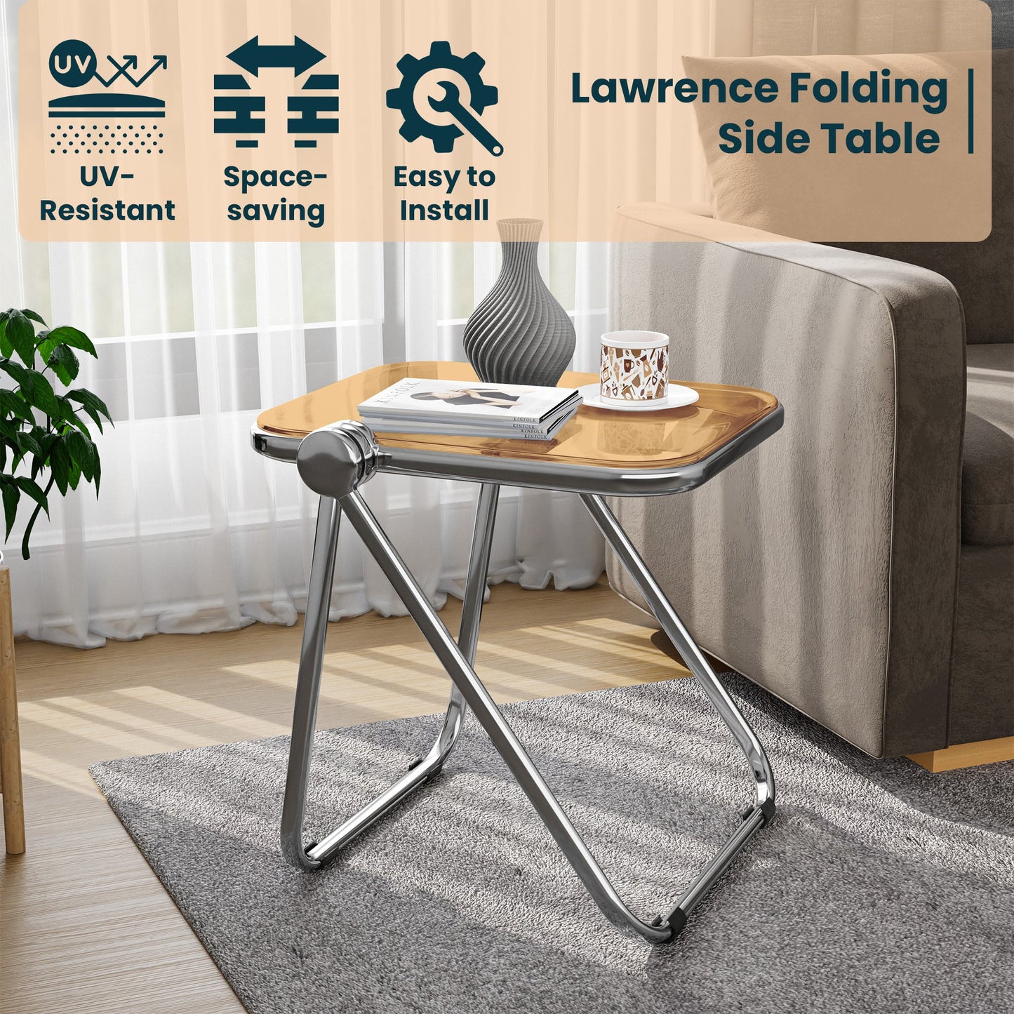 Lawrence Square Folding Side Table with Plastic Tabletop in Chrome Aluminum Frame