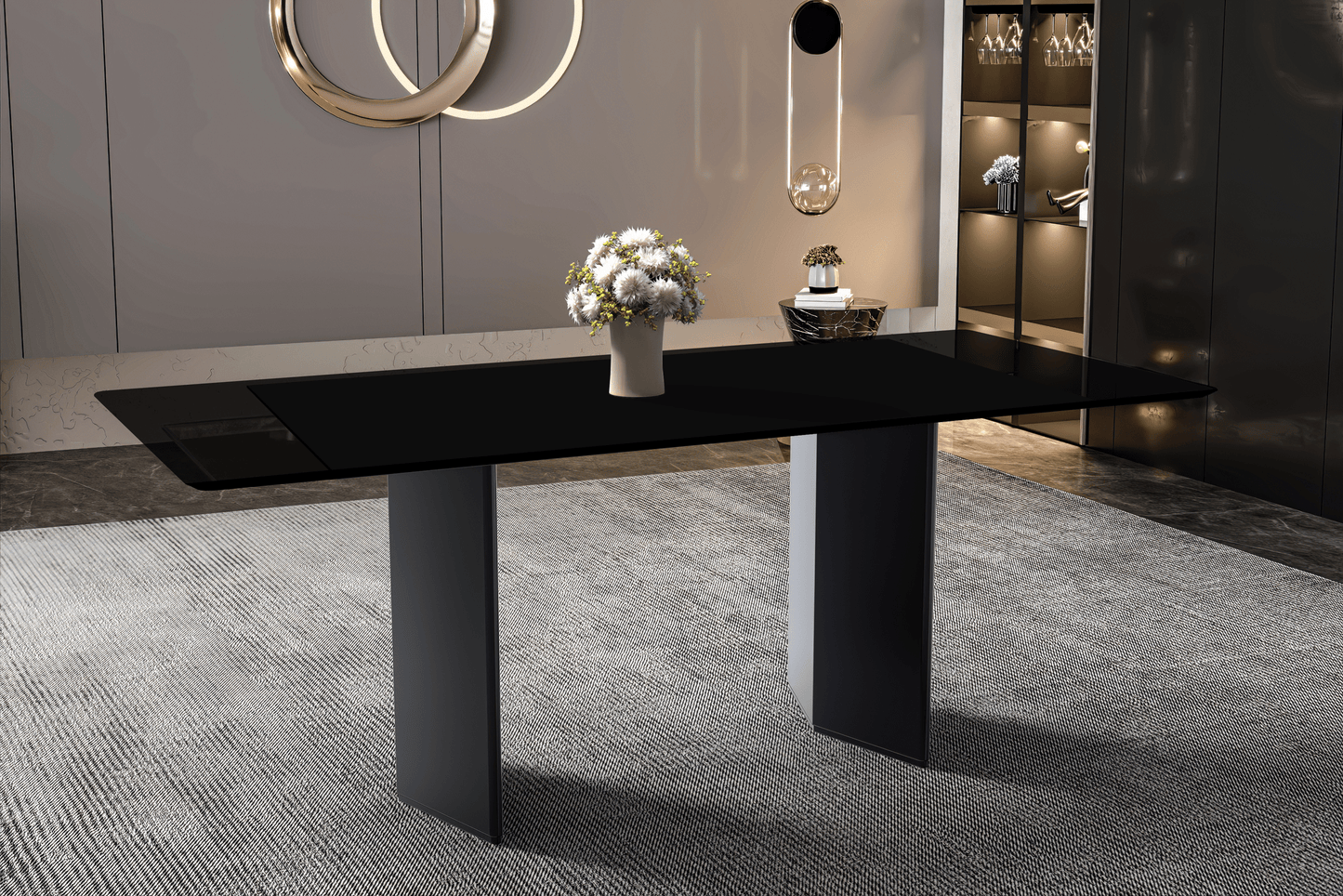 Lior Dining Table with Rectangular Glass/Sintered Stone Tabletop and Black Steel Legs