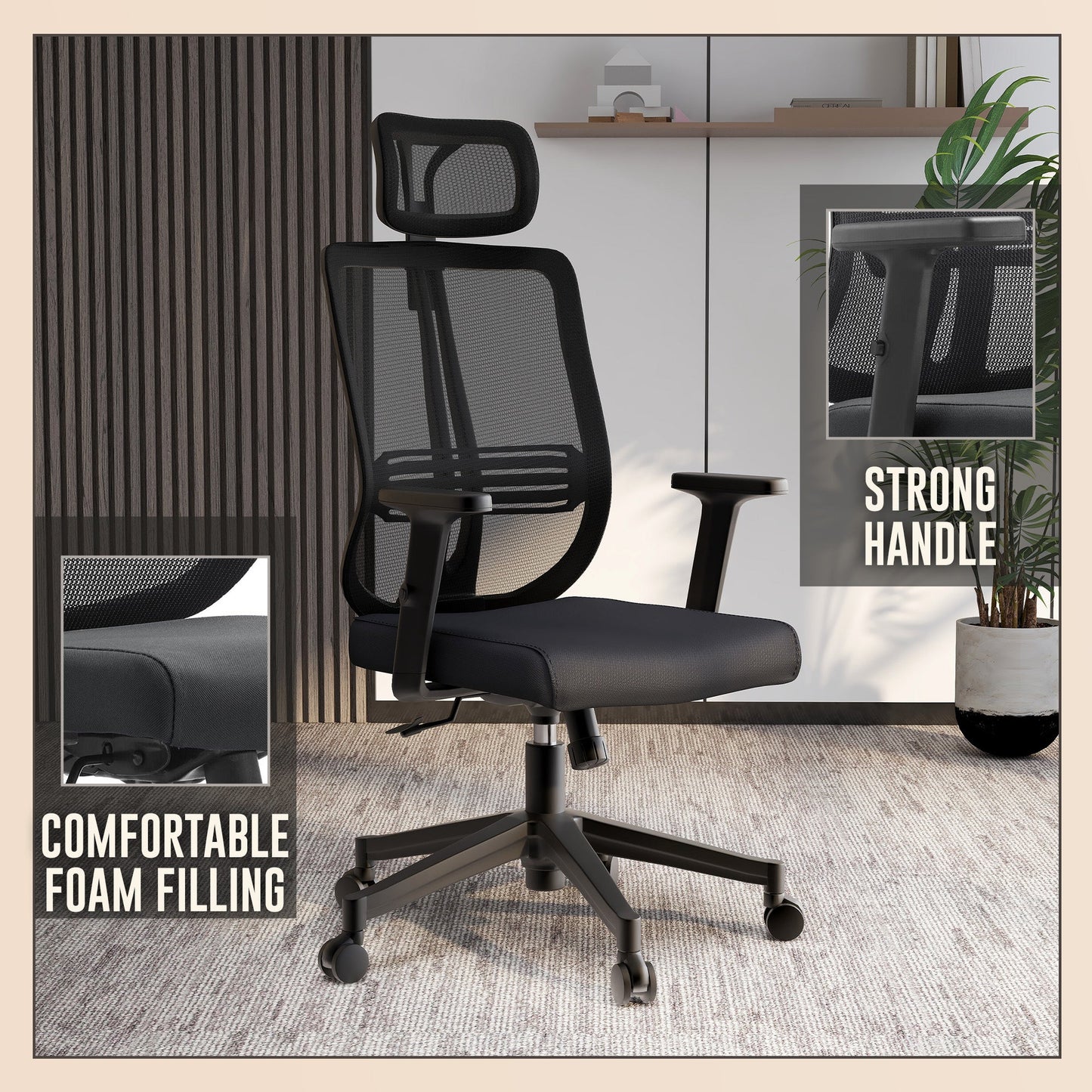 Nift Adjustable Upholstered Office Chair with Foam Filled Seat and Mesh Back and Headrest