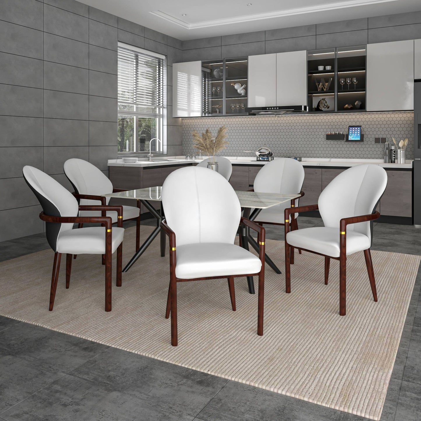 Opaline Dining Chair in Velvet or Leather Upholstery with Rubberwood Frame with Gold Accents Set of 4