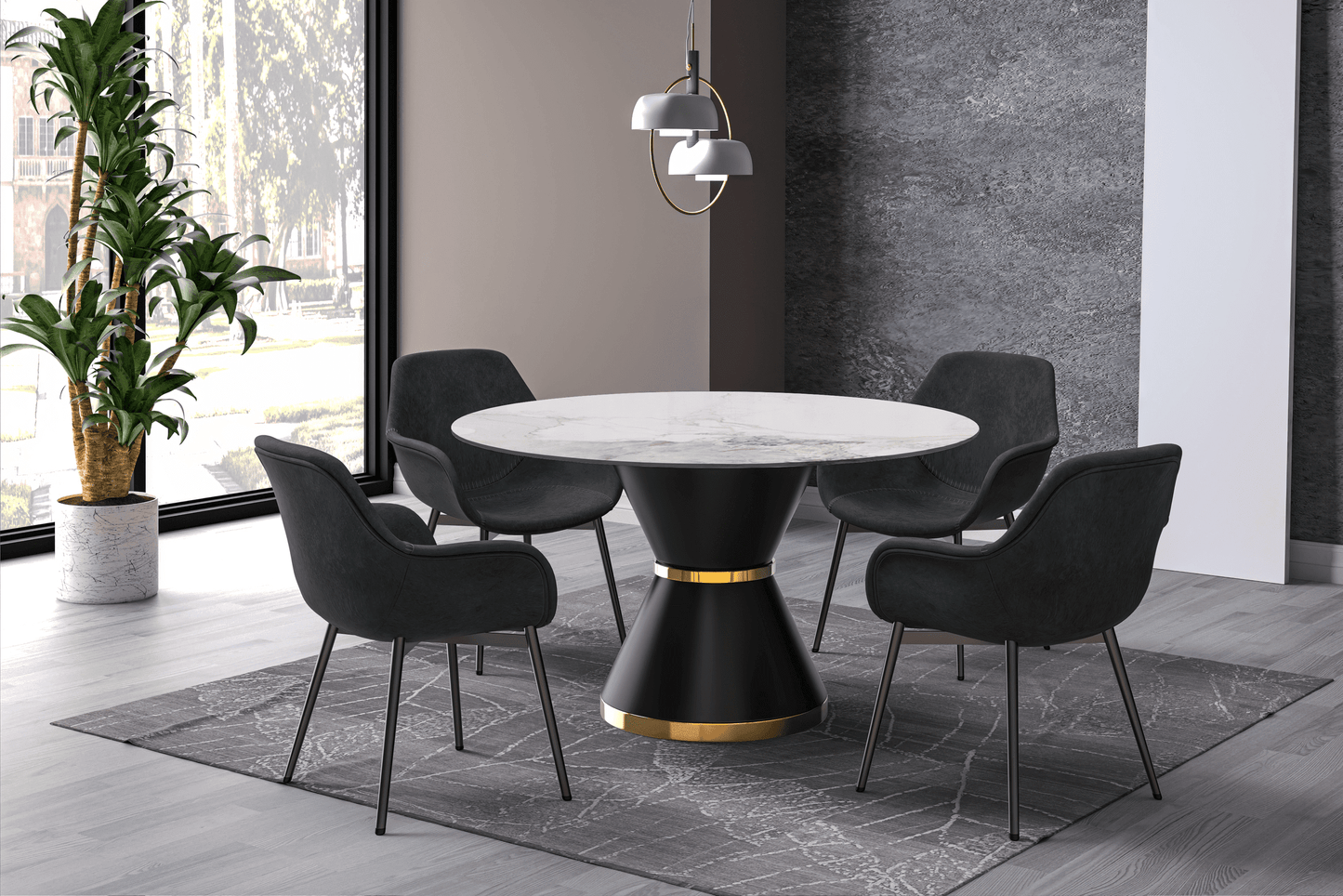 Modern Round Dining Table with a Glass/Stone Tabletop in Stainless Steel Seats 6-10 Qorvus Collection