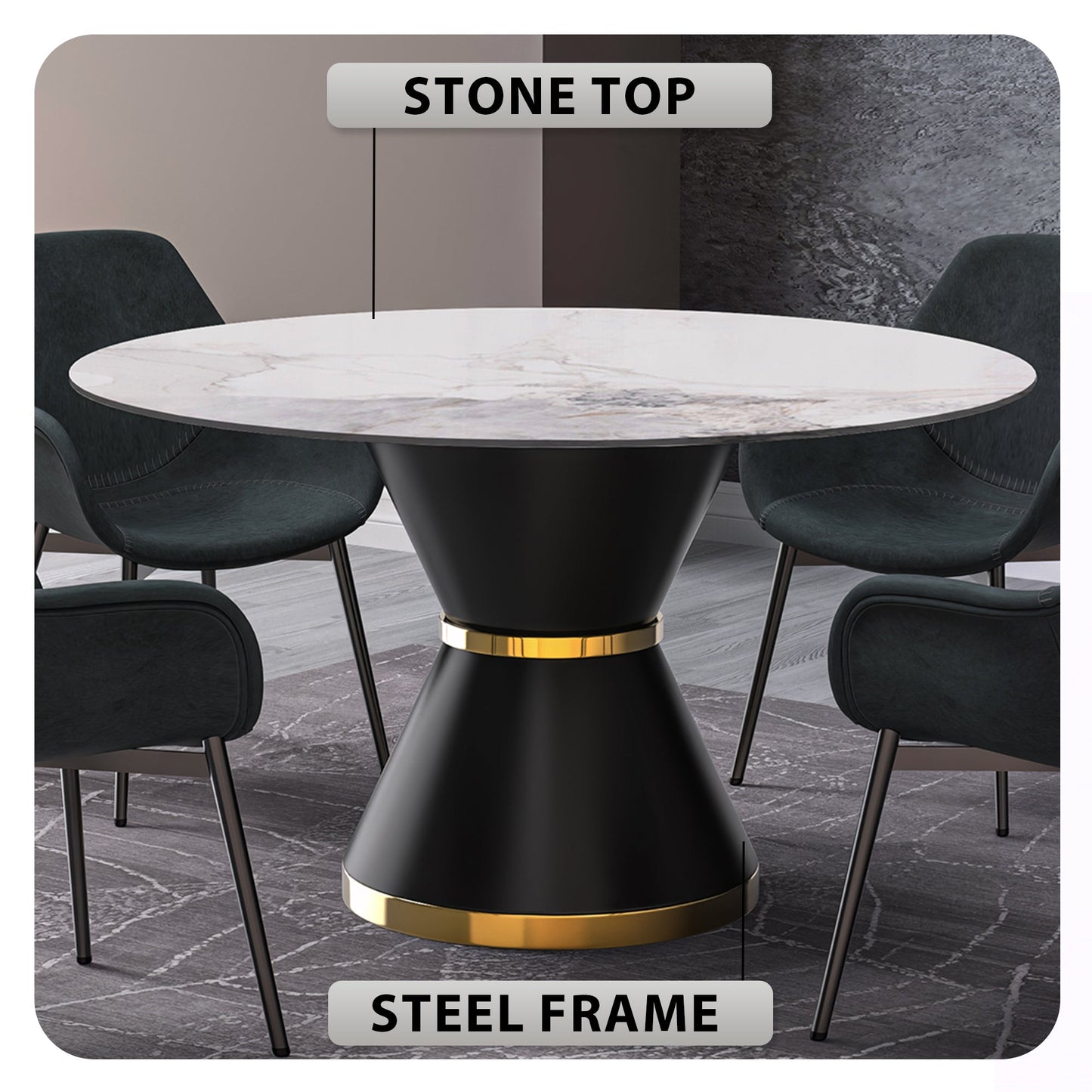 Modern Round Dining Table with a Glass/Stone Tabletop in Stainless Steel Seats 6-10 Qorvus Collection