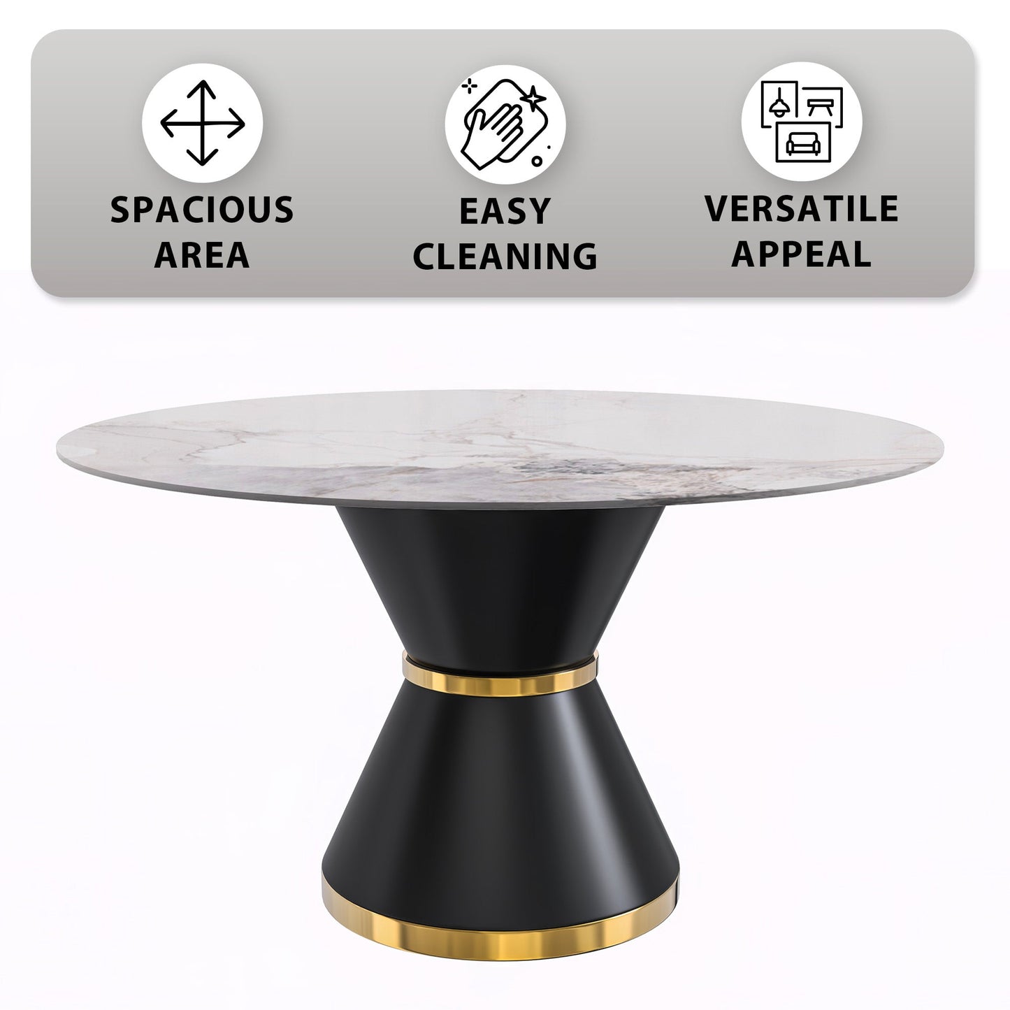 Modern Round Dining Table with a Glass/Stone Tabletop in Stainless Steel Seats 6-10 Qorvus Collection