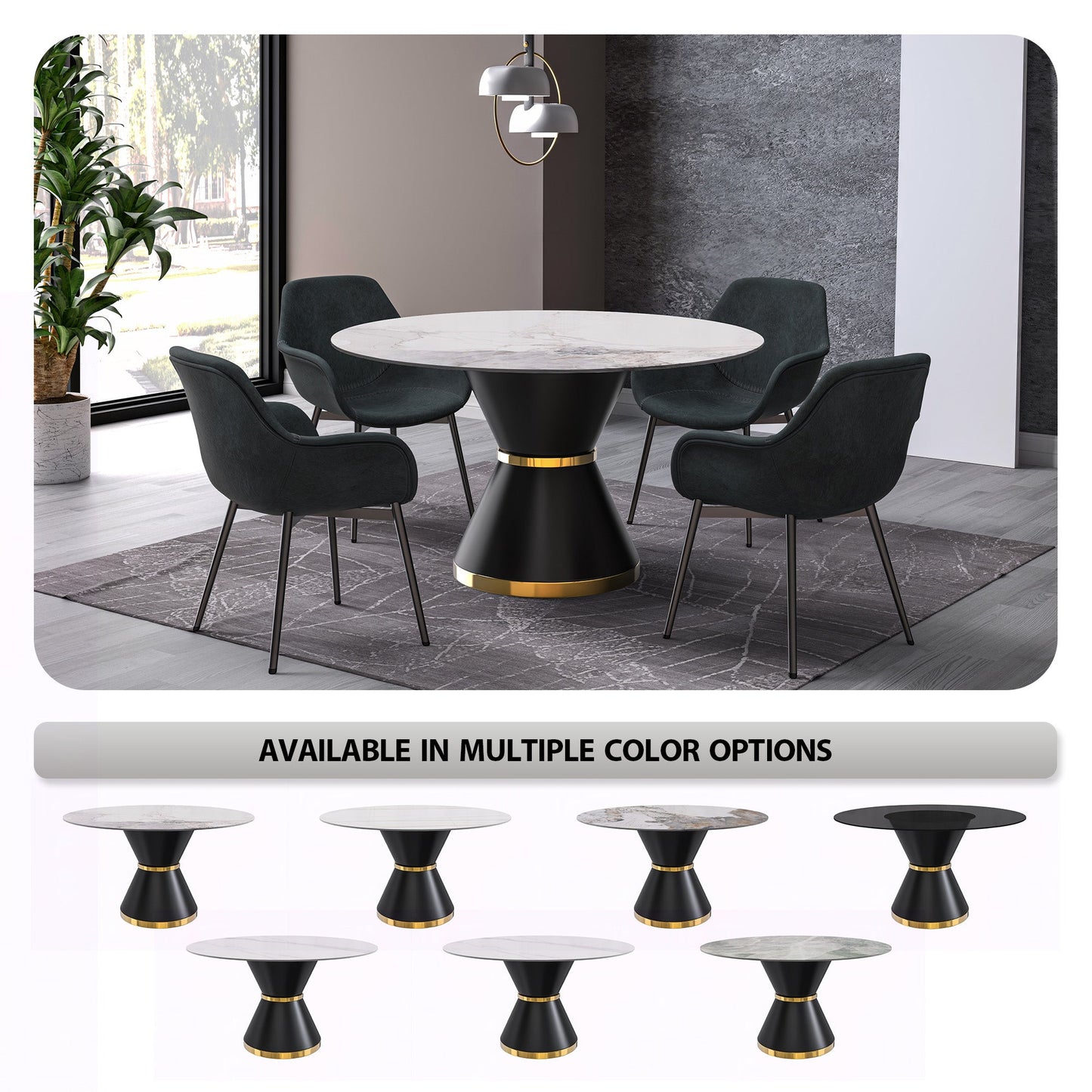 Modern Round Dining Table with a Glass/Stone Tabletop in Stainless Steel Seats 6-10 Qorvus Collection