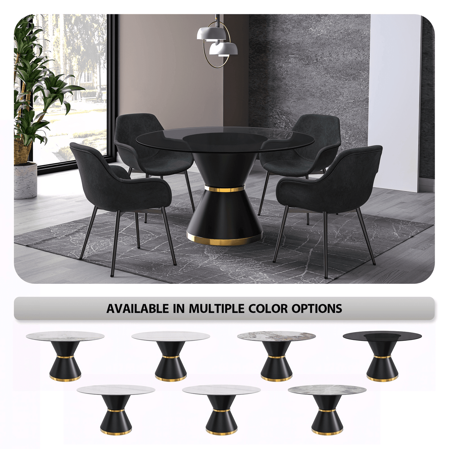 Modern Round Dining Table with a Glass/Stone Tabletop in Stainless Steel Seats 6-10 Qorvus Collection