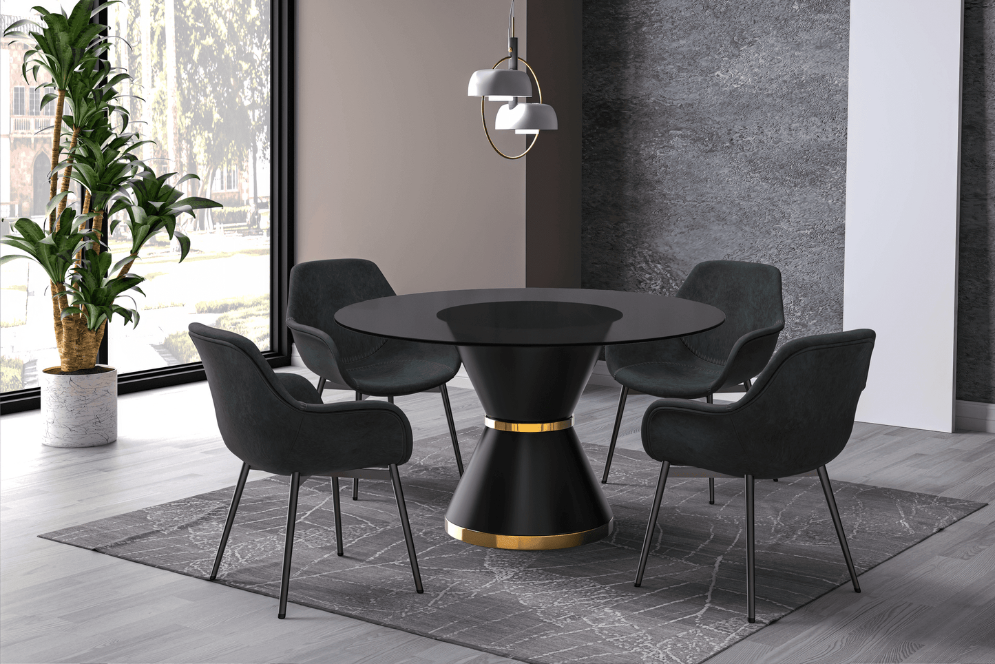 Modern Round Dining Table with a Glass/Stone Tabletop in Stainless Steel Seats 6-10 Qorvus Collection