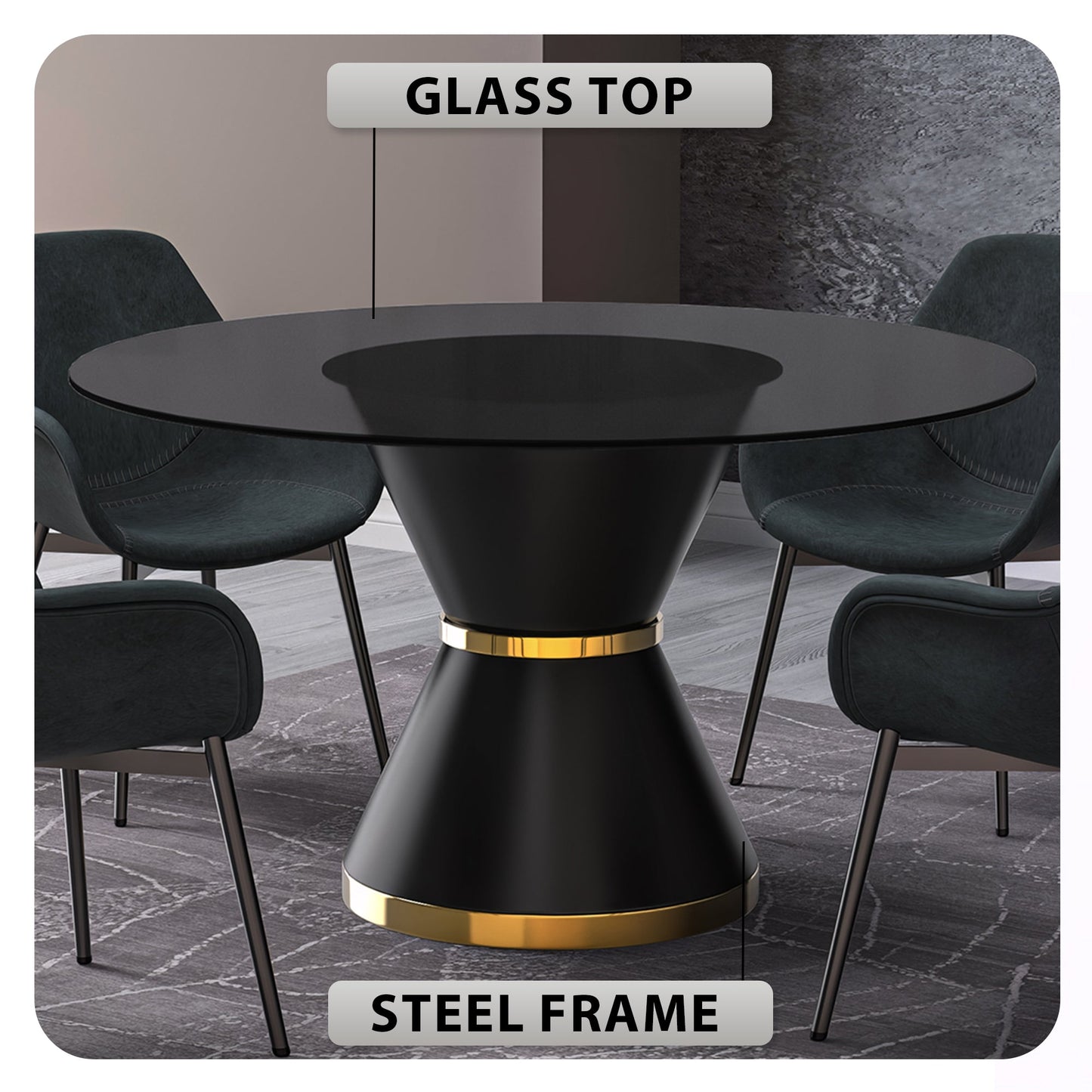 Modern Round Dining Table with a Glass/Stone Tabletop in Stainless Steel Seats 6-10 Qorvus Collection