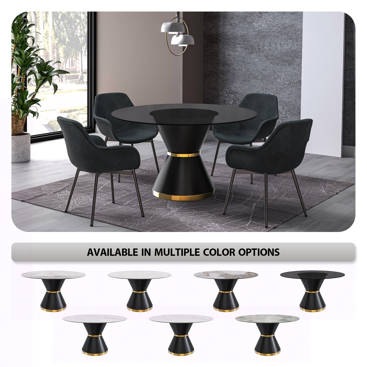Modern Round Dining Table with a Glass/Stone Tabletop in Stainless Steel Seats 6-10 Qorvus Collection