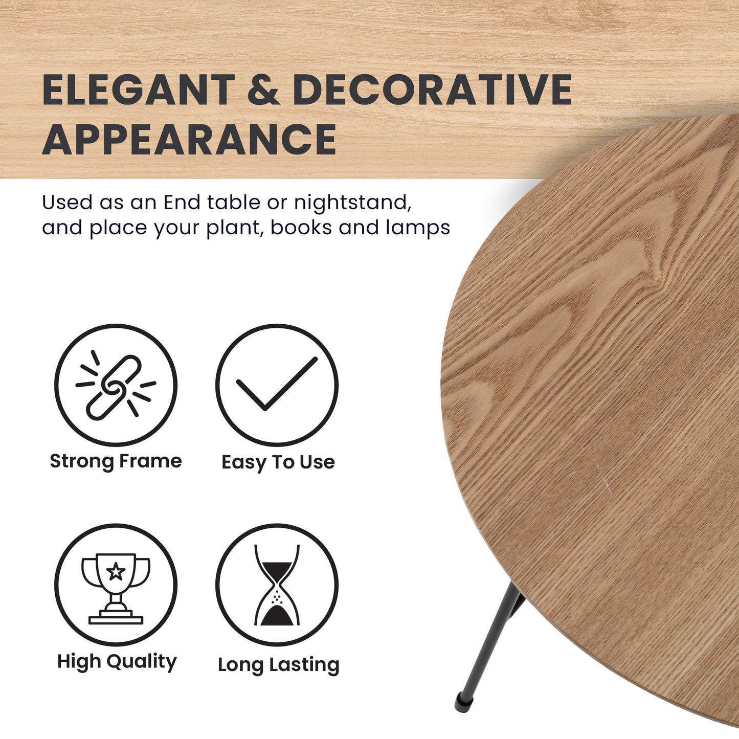 Rossmore Round Side Table with MDF Wood Tabletop in Black Steel