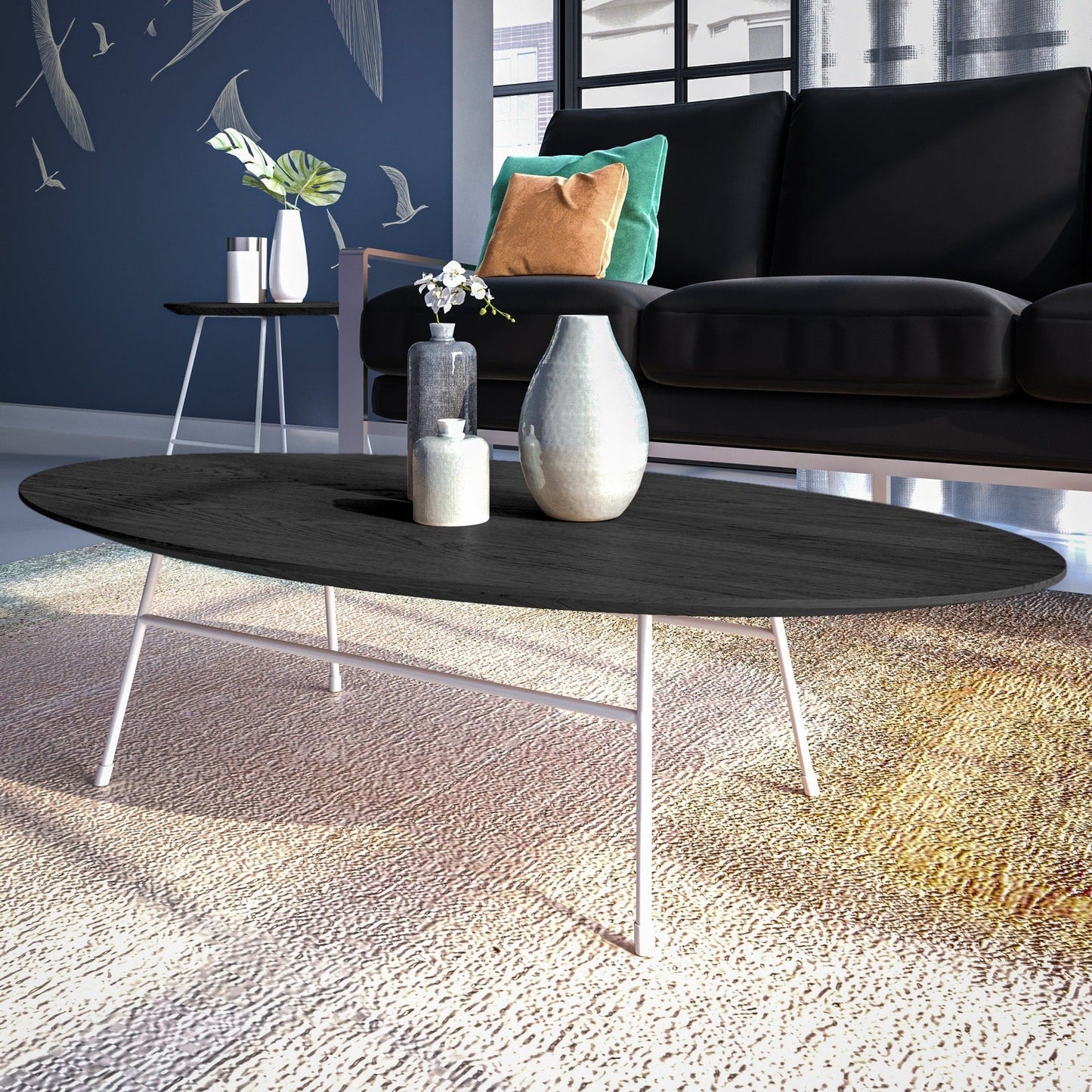 Rossmore Oval Coffee Table with MDF Wood Tabletop in White Steel Frame