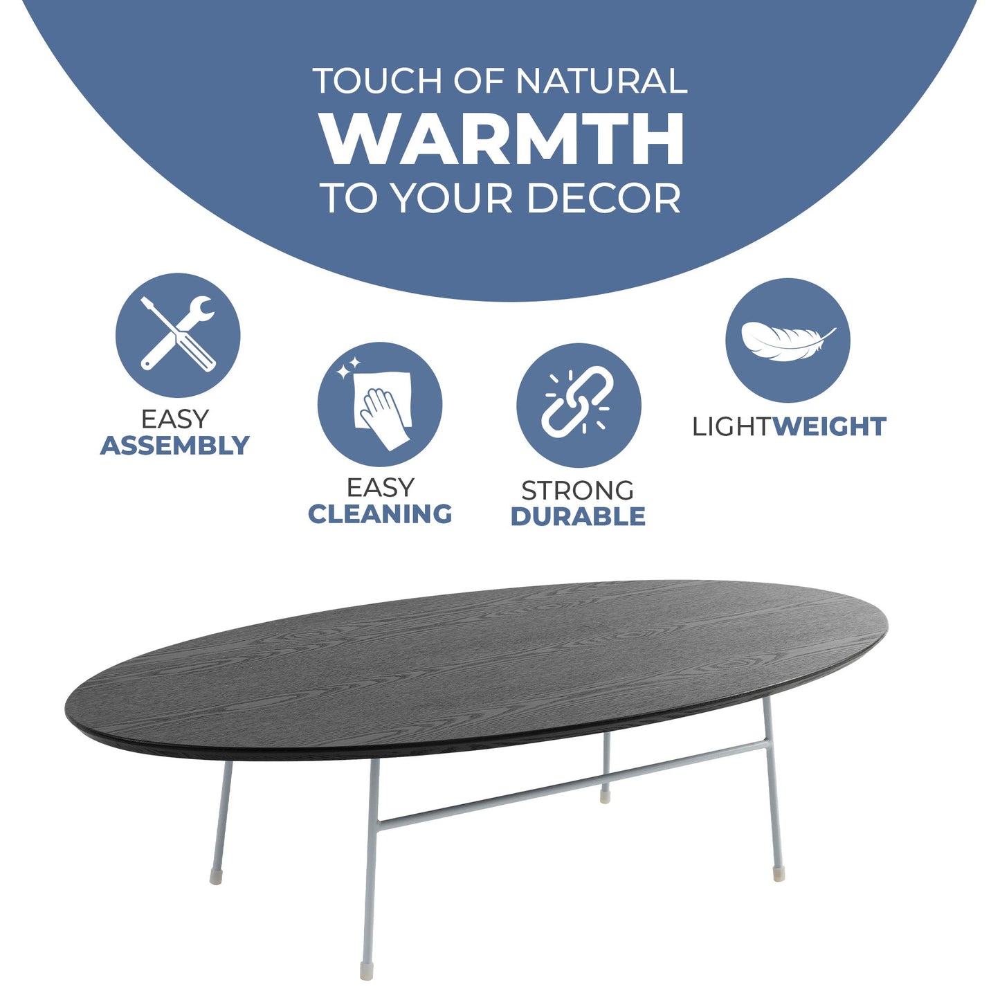 Rossmore Oval Coffee Table with MDF Wood Tabletop in White Steel Frame