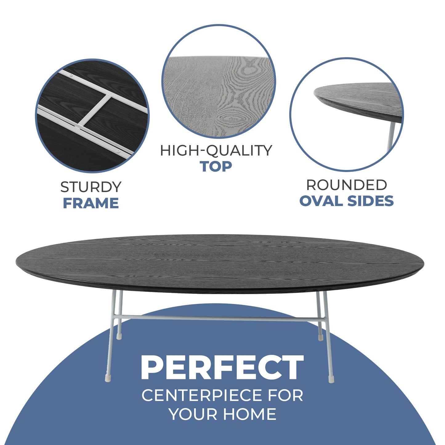 Rossmore Oval Coffee Table with MDF Wood Tabletop in White Steel Frame